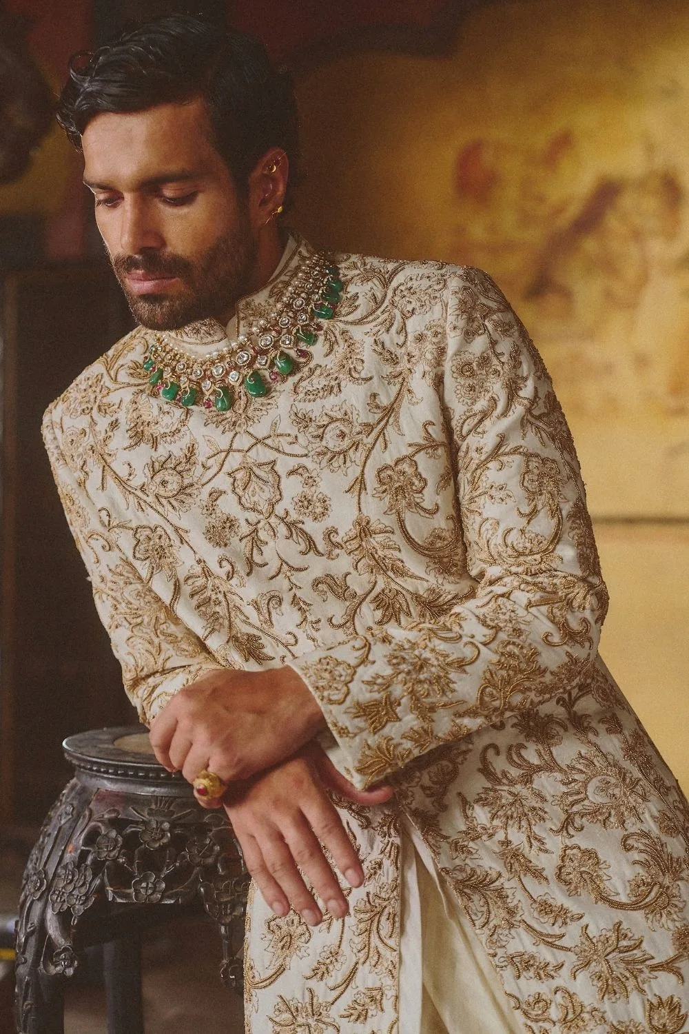 Rudra Sherwani by Jigar Mali in ivory, view 2