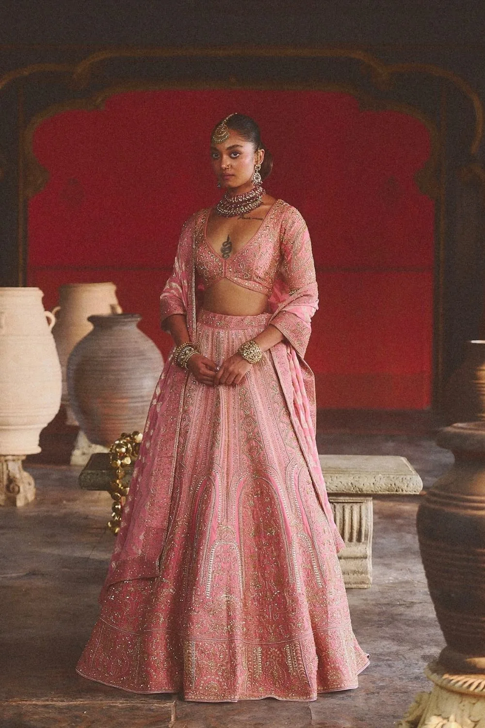 Aaghaz Lehenga Set by Jigar Mali in baby pink, view 3