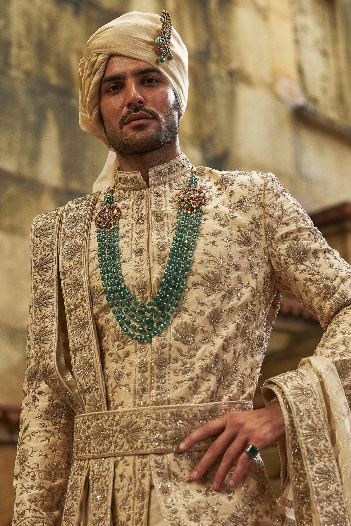 Cream Applique Sherwani Set by Nitika Gujral, view 2