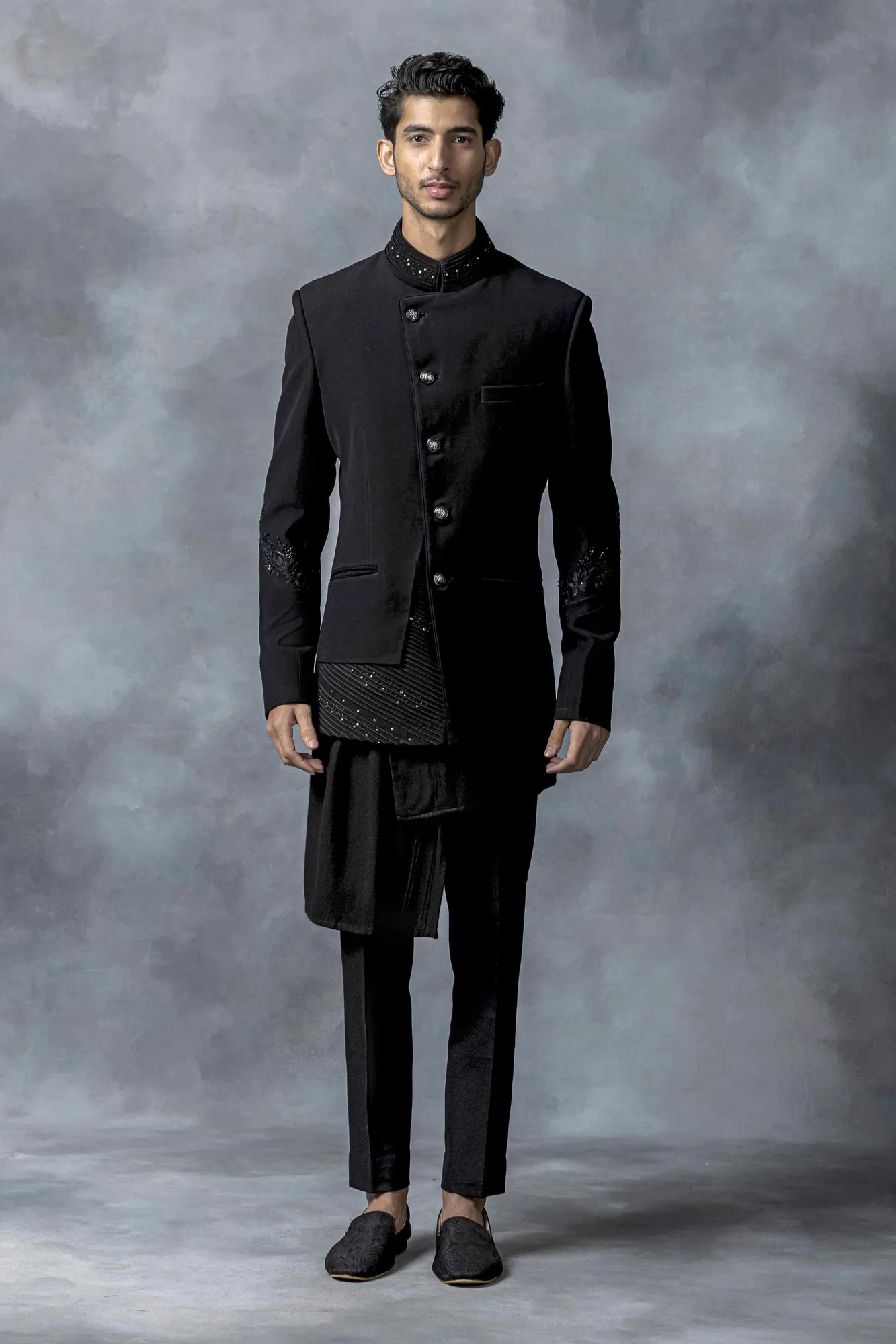 Black Bandhgala With Pintuck Panels by Sarab Khanijou