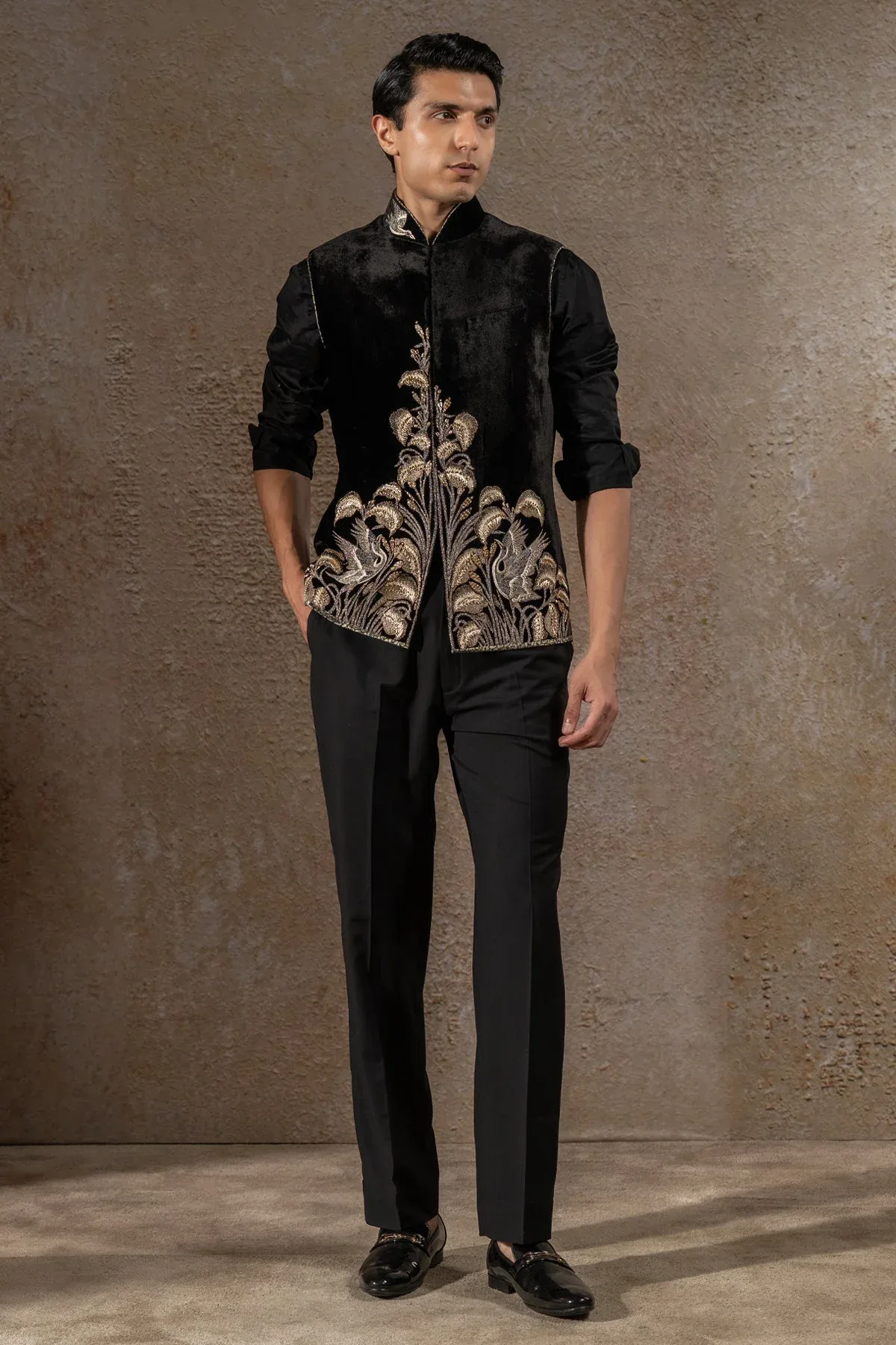 Golden Light Hand- Embroidered Velvet Waistcoat Set by Tarun Tahiliani