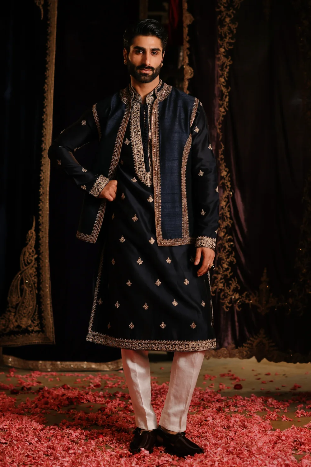 Arham Jacket Set by Jigar Mali in navy blue