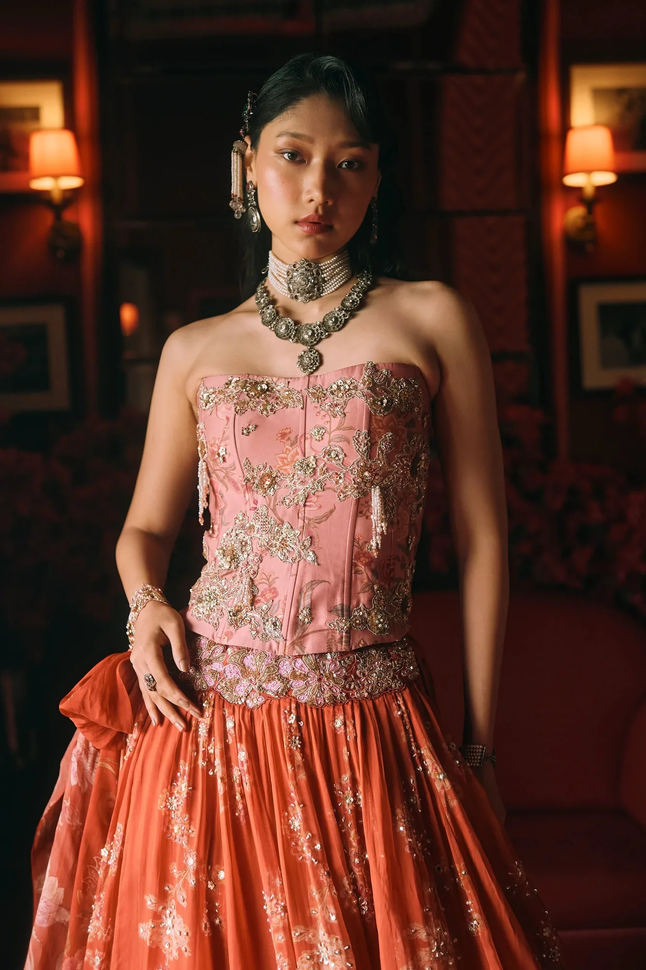 Delilah Lehenga Set by Paulmi And Harsh in rust, view 3