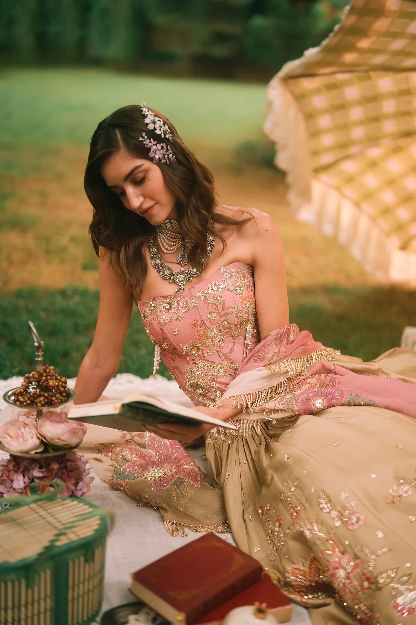 Keepsake Lehenga Set by Paulmi And Harsh in olive, view 4