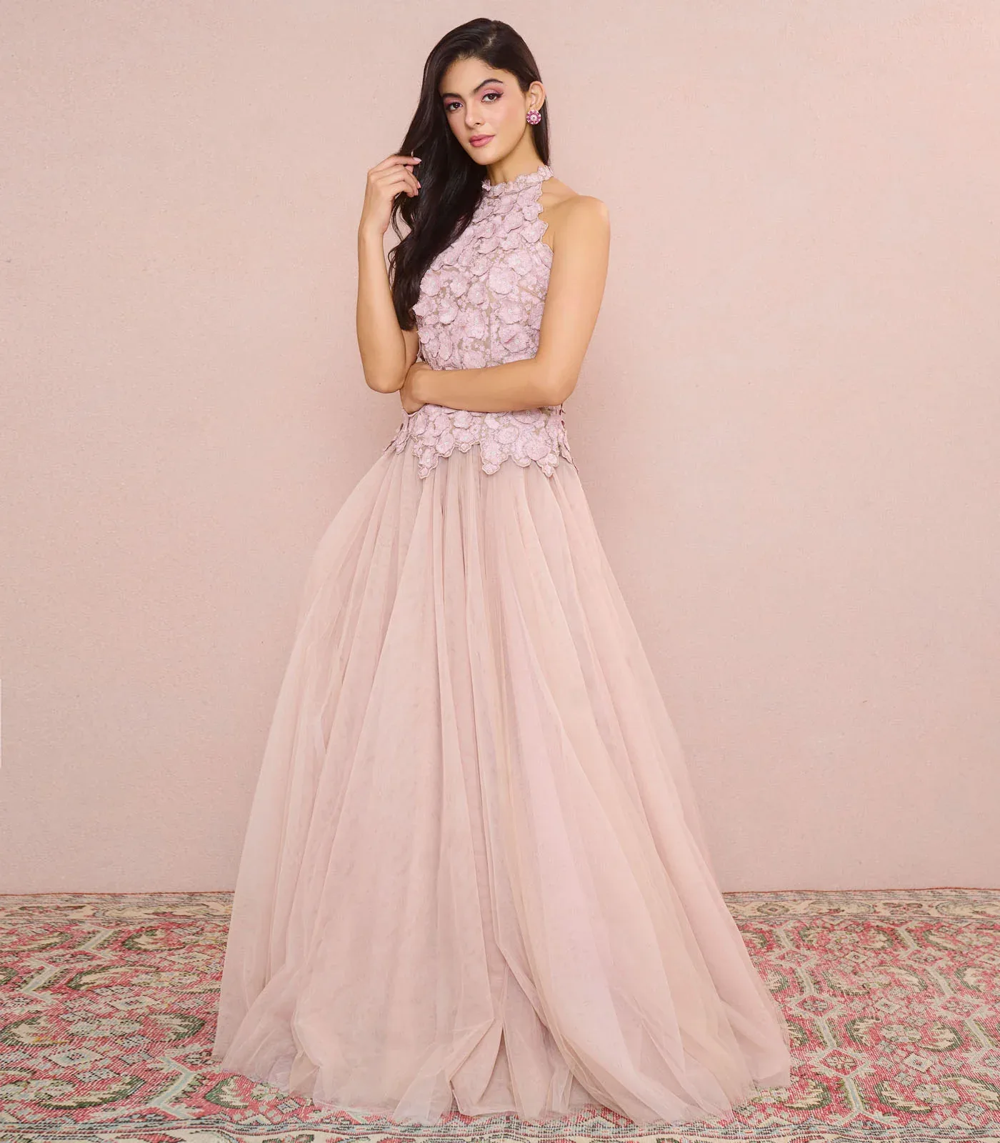Brownish Pink Halter Top with Skirt by Anushree Reddy