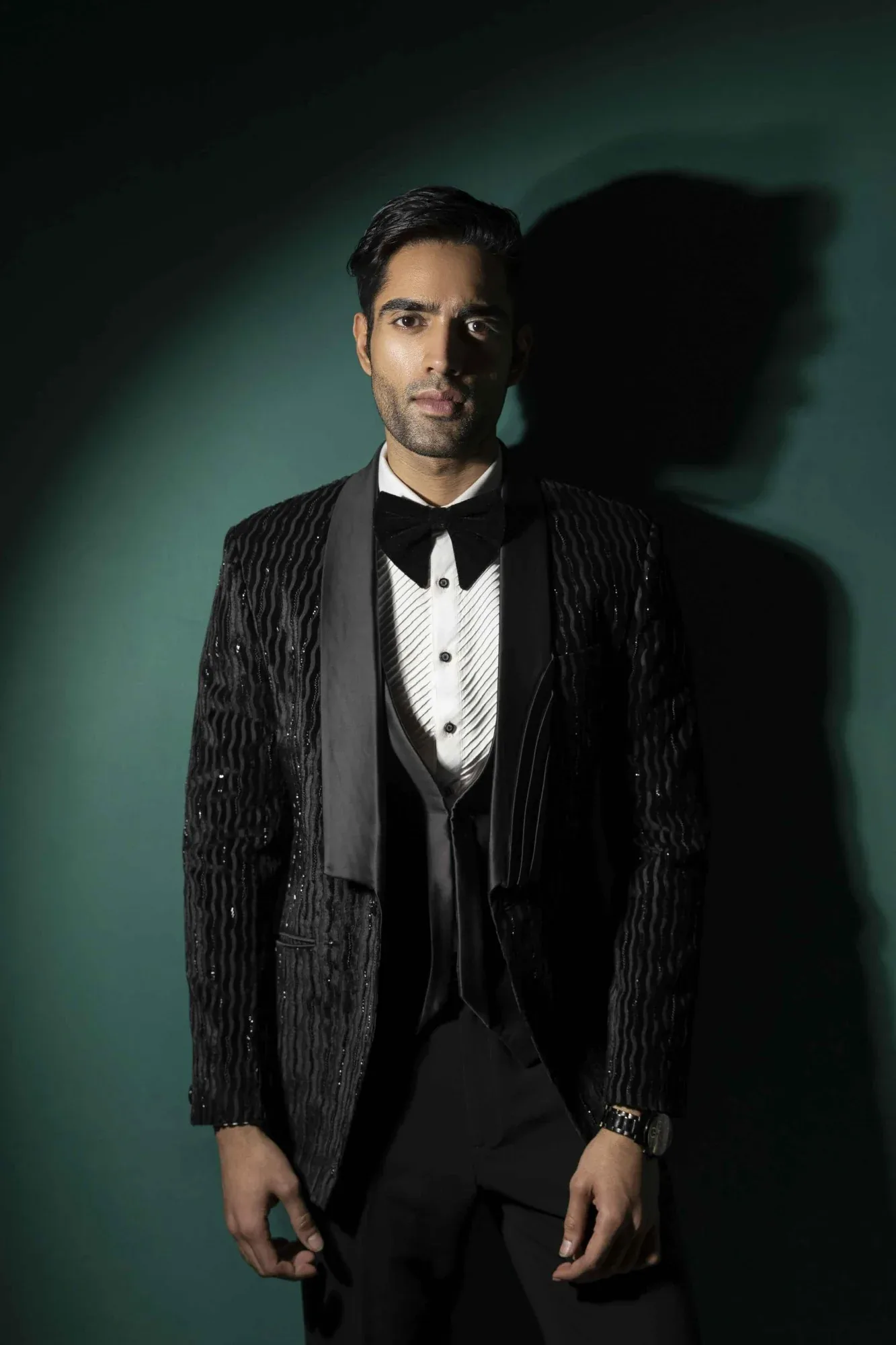 Black Broken Stripe Tuxedo With Pearl Highlights by Sarab Khanijou