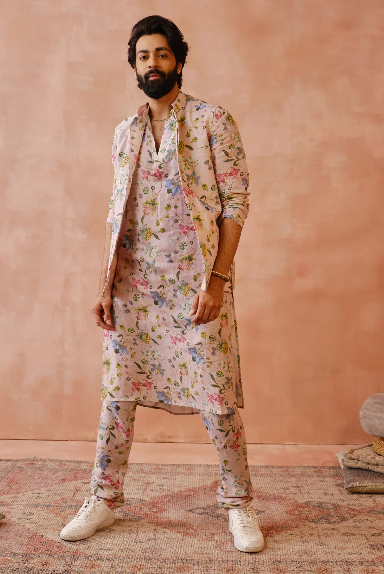 Rose Pink Nargis Print Bandi With Kurta And Churidar by Payal Singhal