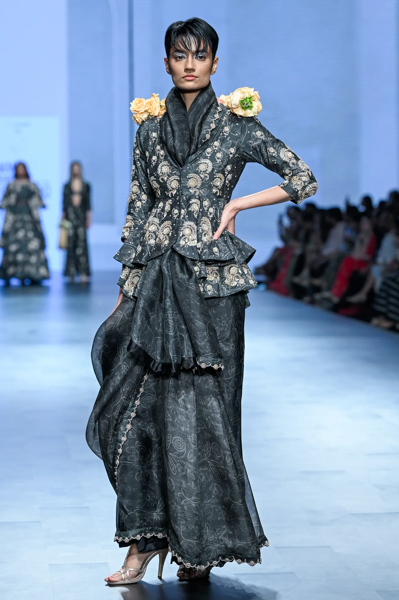 Faye Saree Jacket Set by Paulmi And Harsh in black, view 4