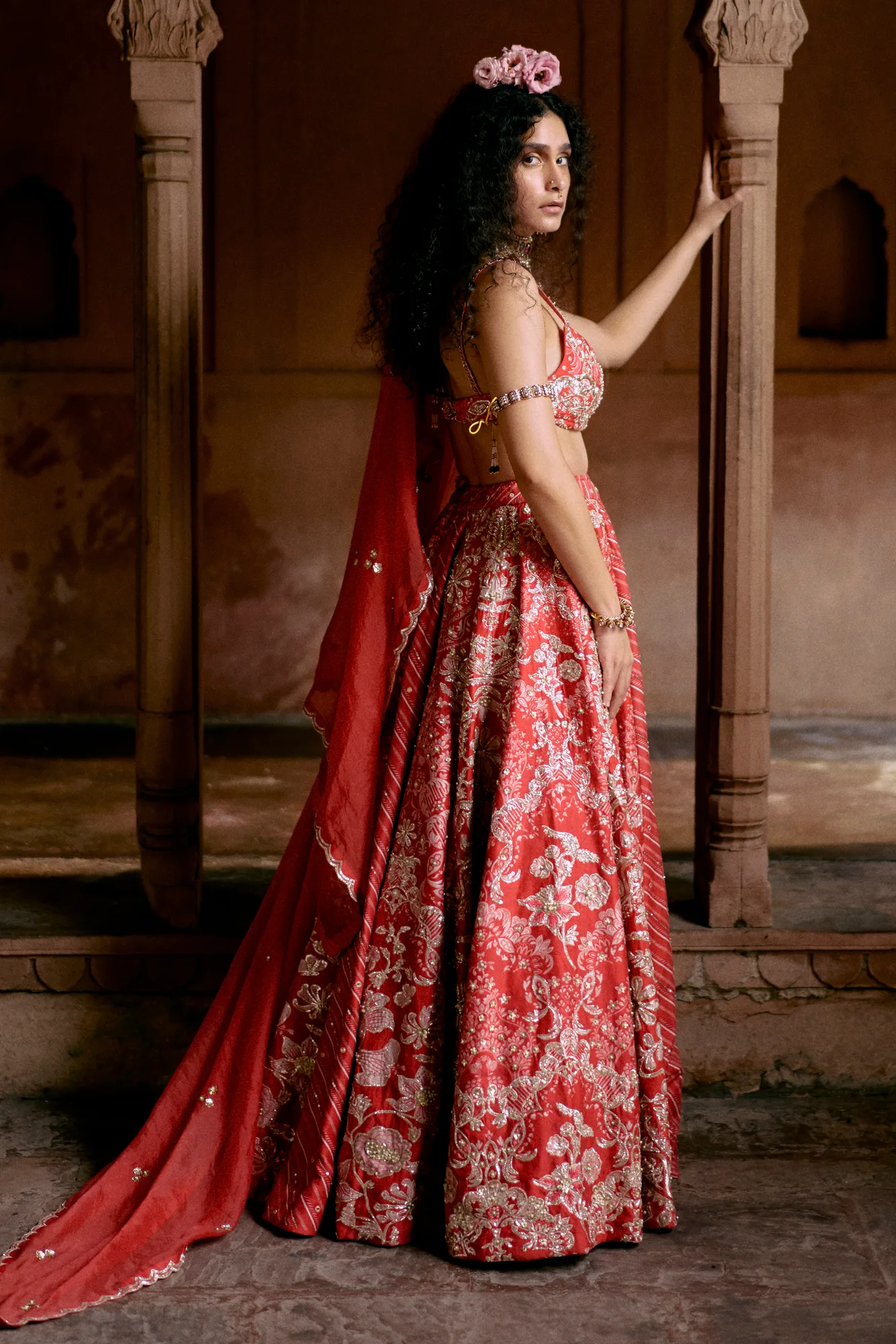 Jean Lehenga Set by Paulmi And Harsh in red, view 3