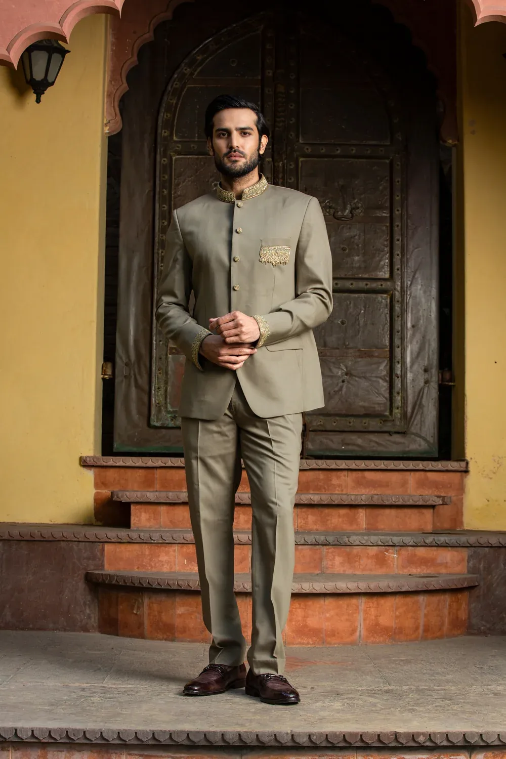 Olive Green Jodhpuri Suit Zardozi Embroidered by Nitika Gujral