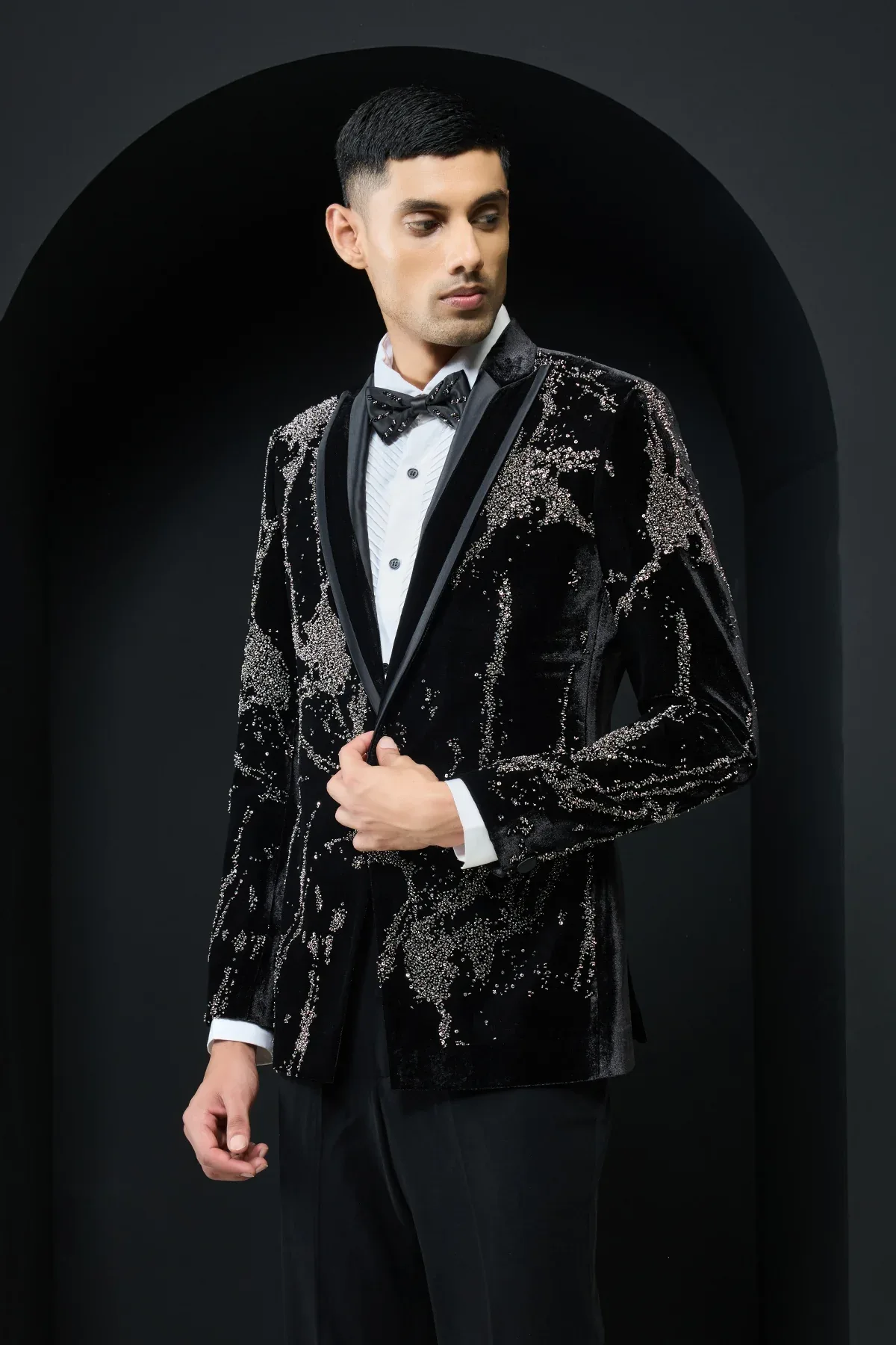Black tuxedo highlighted with sequins pearls and cutdana by Sarab Khanijou