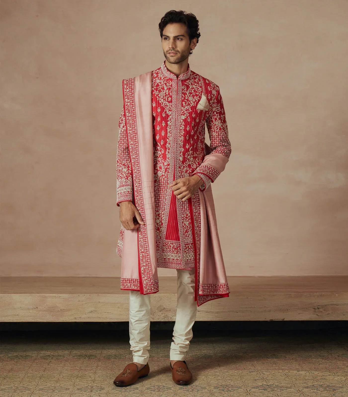 Red Rose Creeper With Geometric Sherwani Set by Anushree Reddy