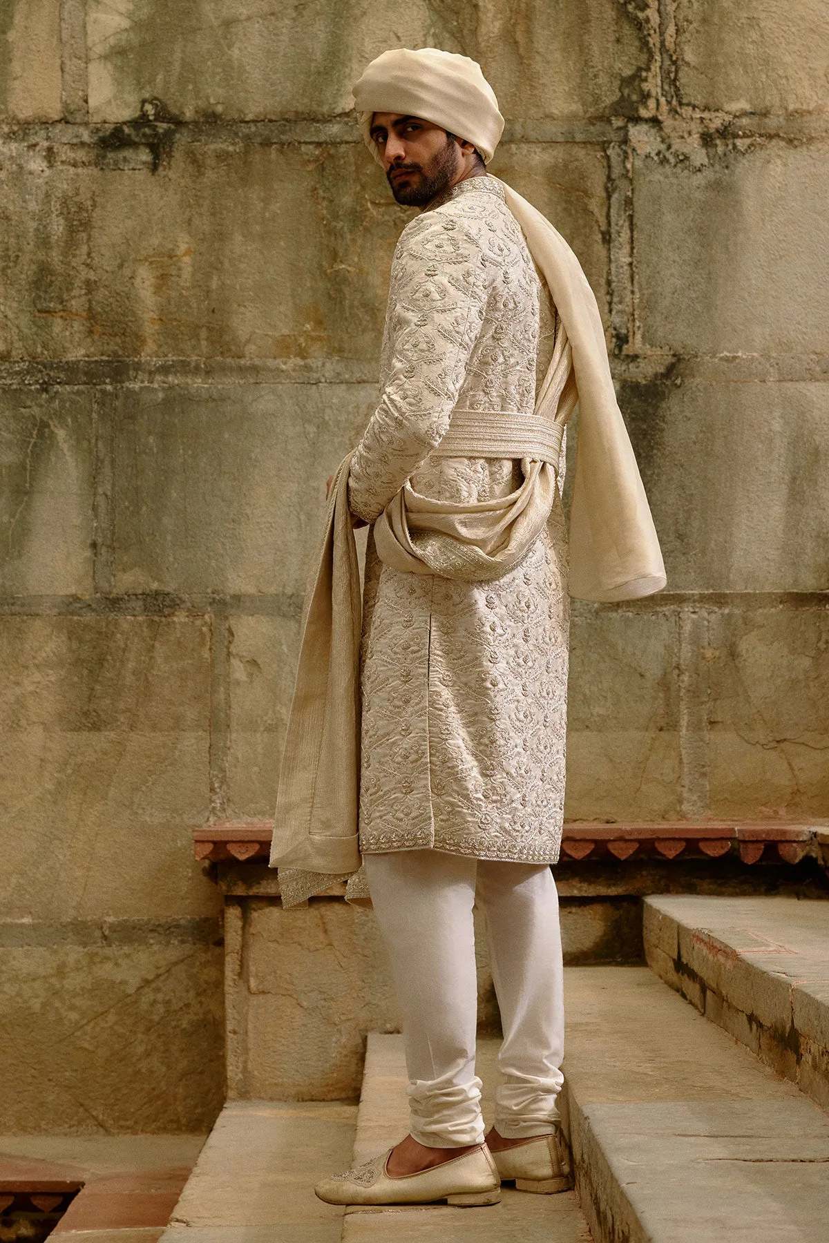 Linen Silk Sherwani Set by Nitika Gujral in ivory, view 3