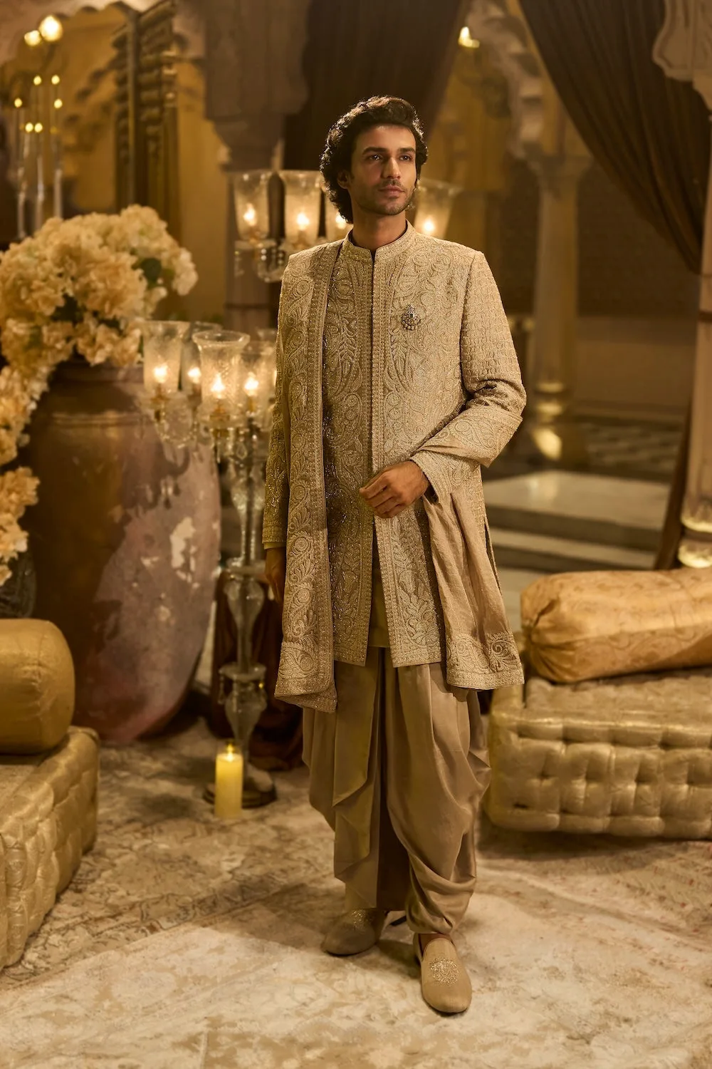 Oyster Grey Sherwani Set by Seema Gujral in silver