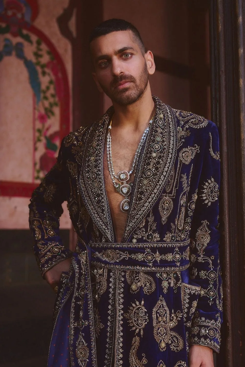 Yajat Jacket Set by Jigar Mali in navy blue, view 2