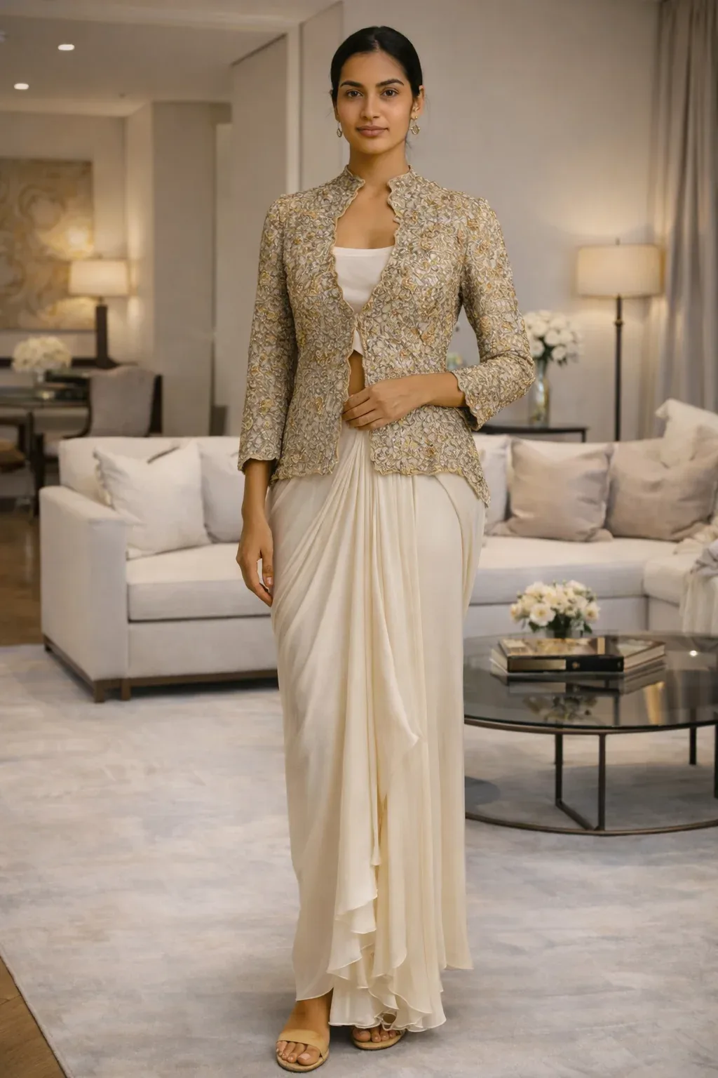 Ivory Tafta Jacket Satin Skirt Set by Nitika Gujral