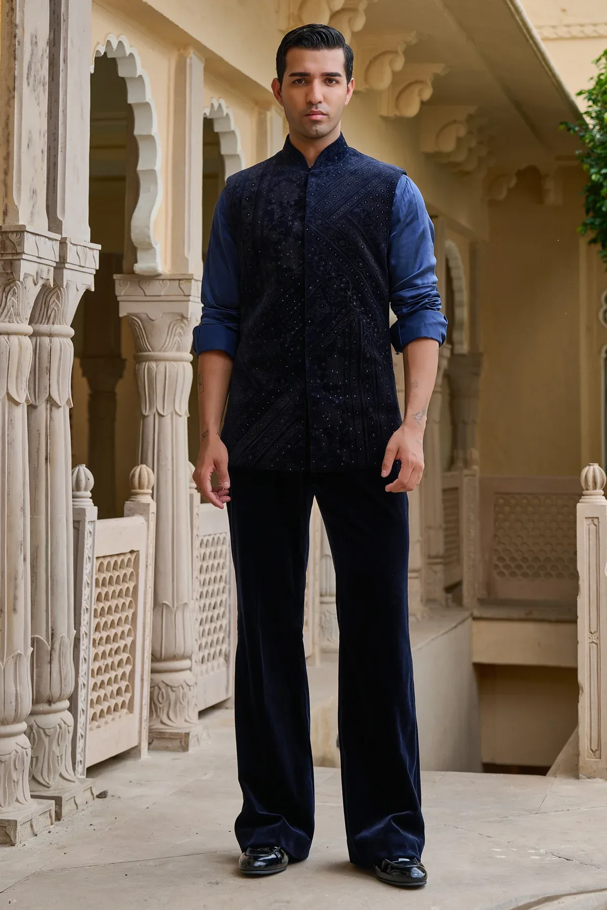 Golden Light Etched Waistcoat Set with Velvet Trousers by Tarun Tahiliani