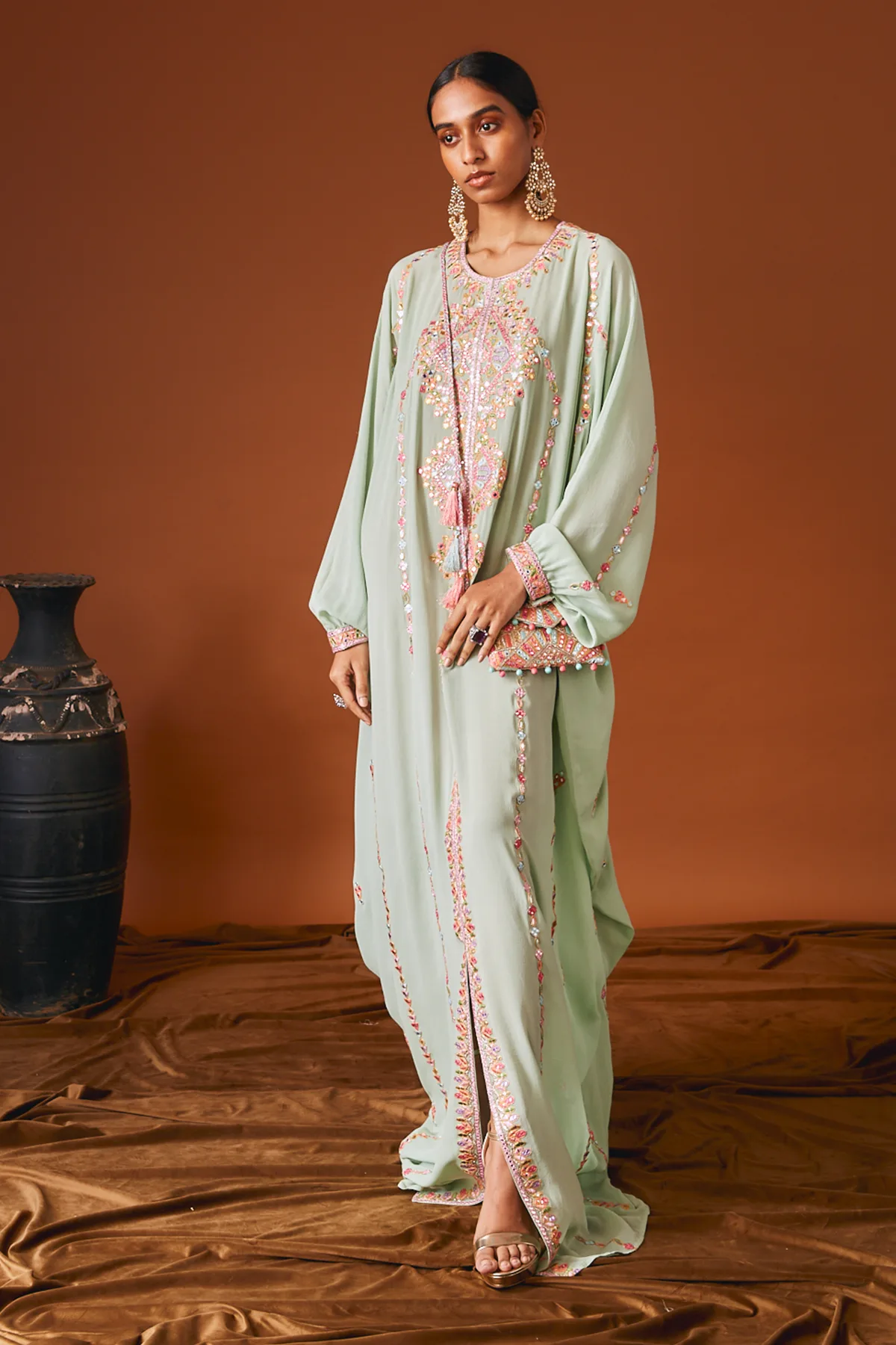 Sea Green Georgette Kaftan With Mirror And Resham by Tamanna Punjabi Kapoor