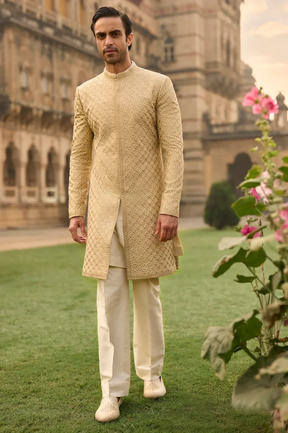 Ivory Gold Sherwani Set by Seema Gujral