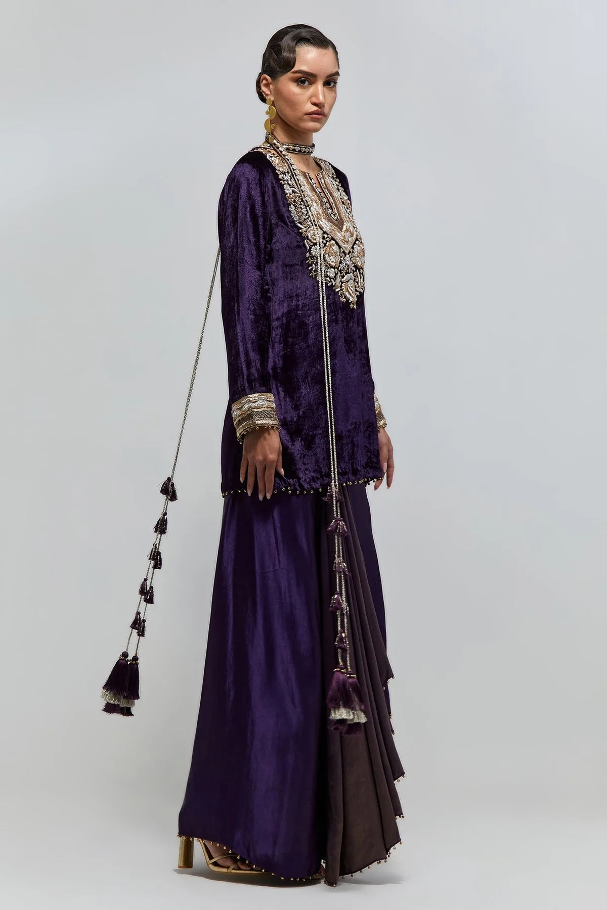 Zehra Purple Velvet Embroidered Yoke And Sleeves Kurta With Dhoti Skirt And Belt by Payal Singhal, view 3