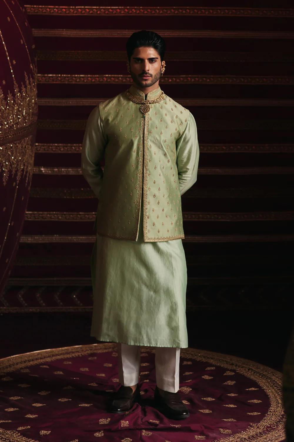 Arnav Jacket Set by Jigar Mali in sage green