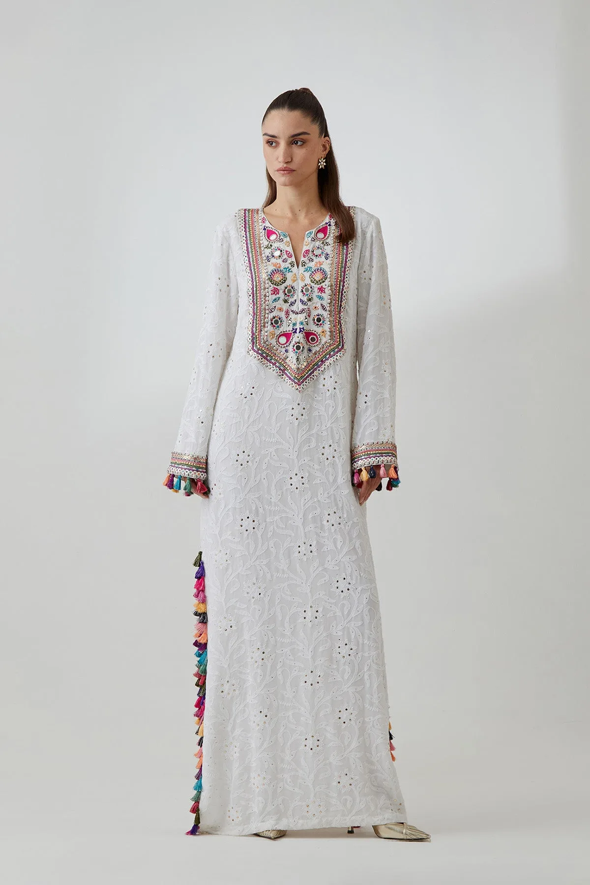Off-White Chikankari Georgette Embroidered Kaftan by Payal Singhal in off white