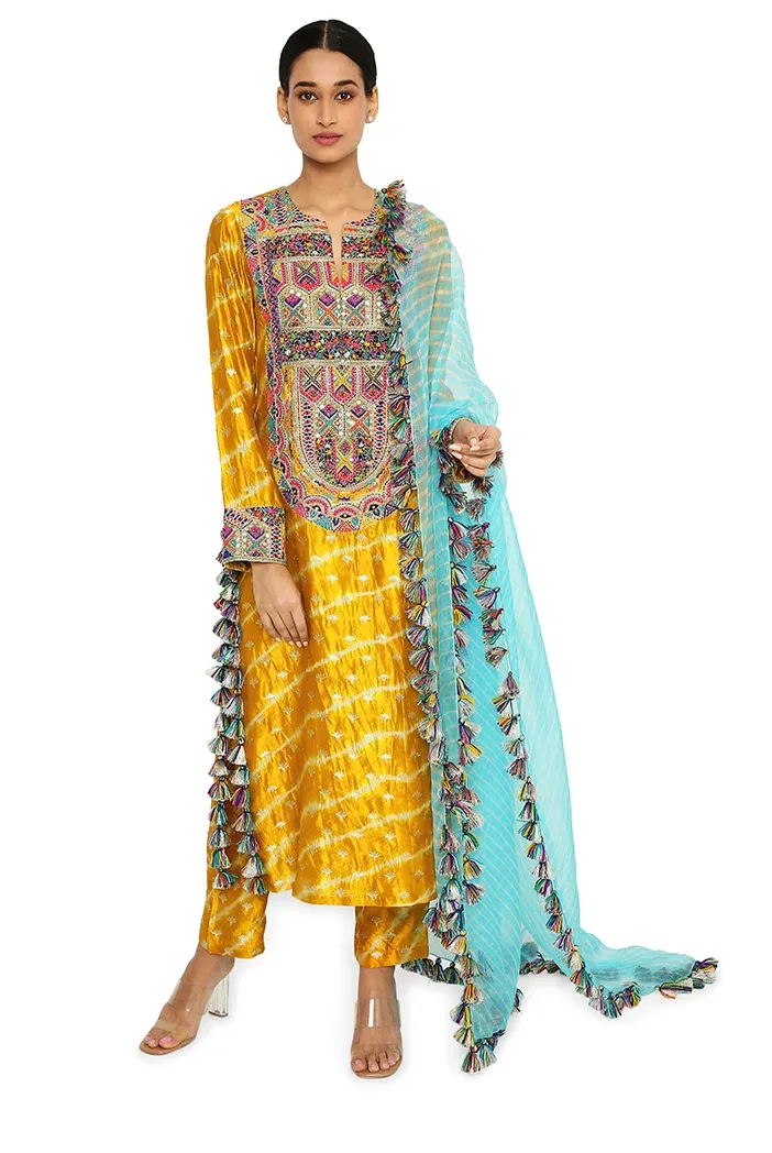 Anansi Mustard Colour Leheriya Silk Embroidered Kurta and Palazzo with Aqua Leheriya Organza Dupatta by Payal Singhal