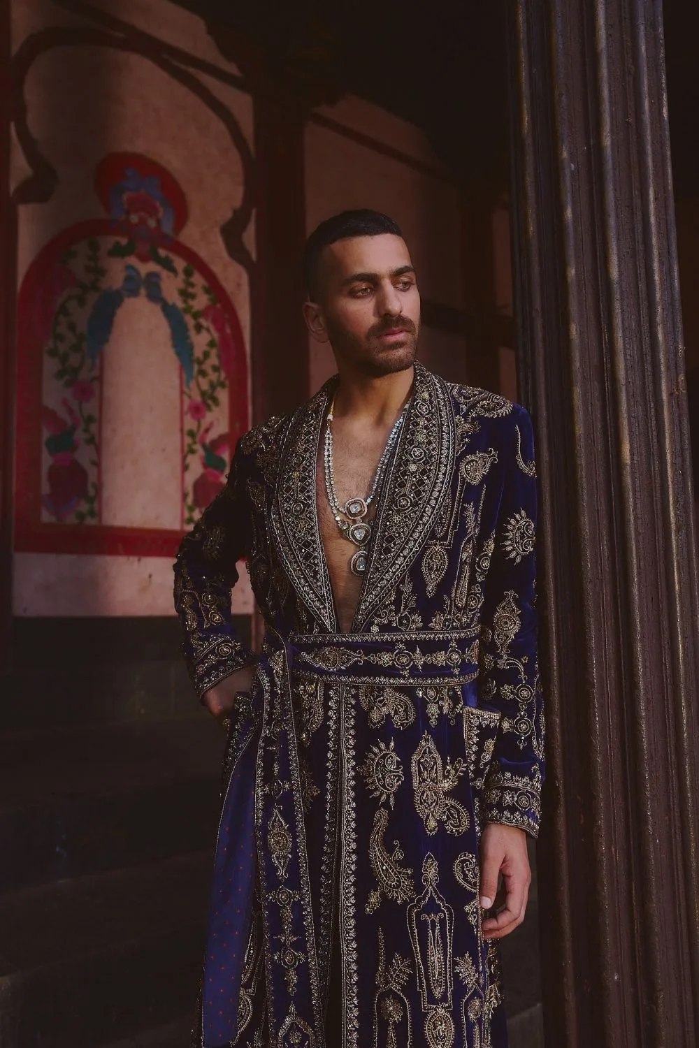 Yajat Jacket Set by Jigar Mali in navy blue, view 3
