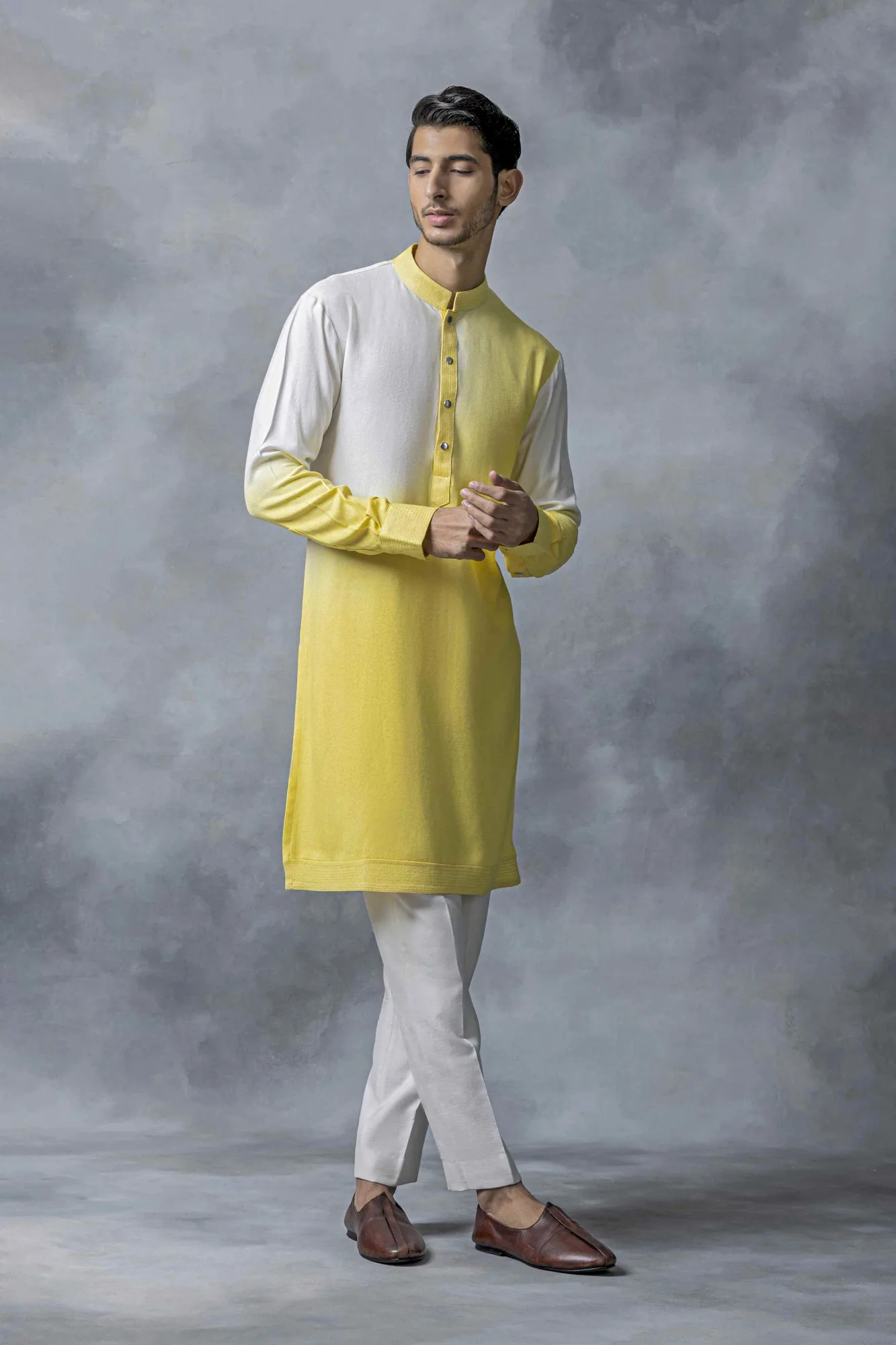 Yellow And Off White Kurta Set by Sarab Khanijou