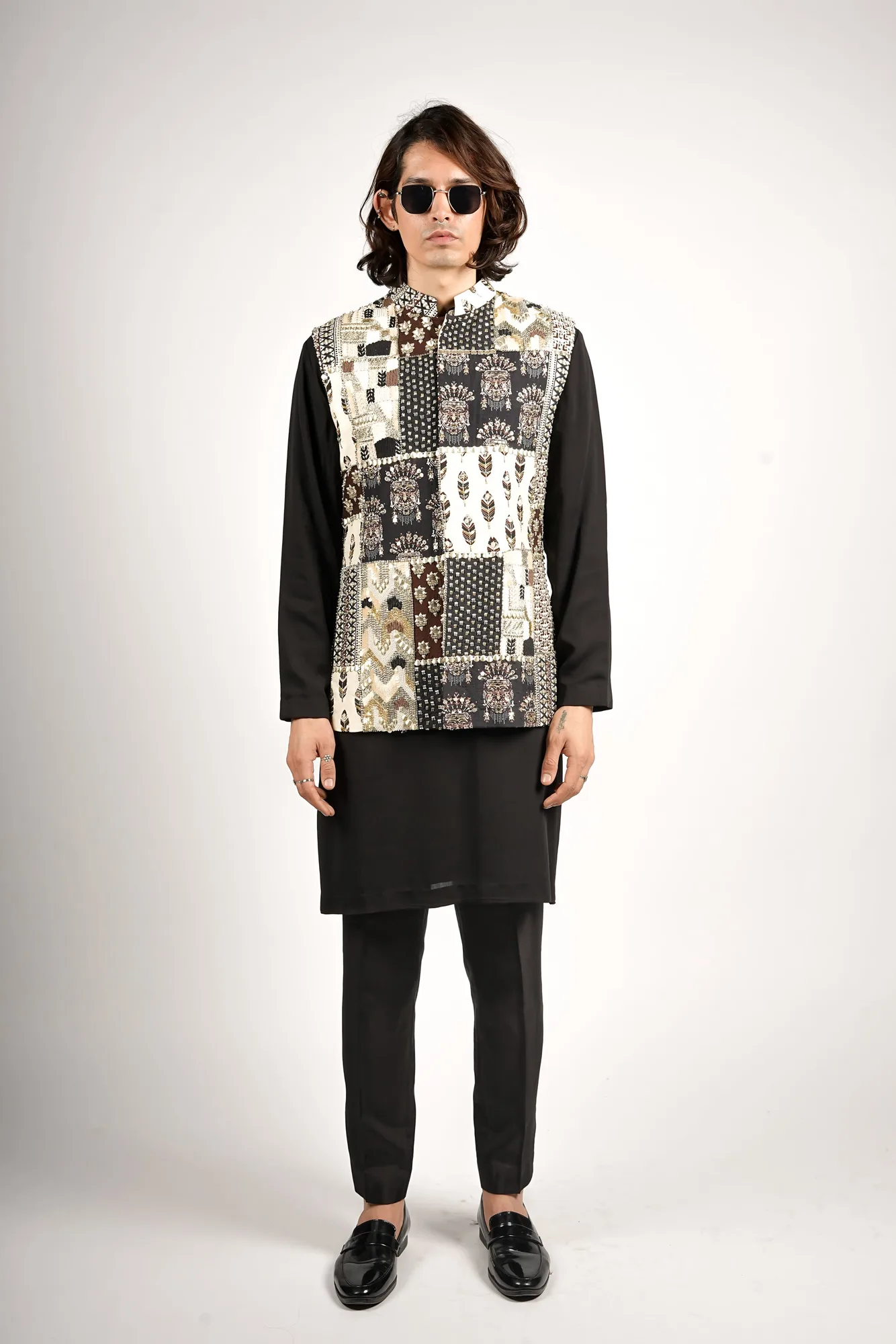 Shyam Patchwork Bundi Set by SVA, ivory sherwani