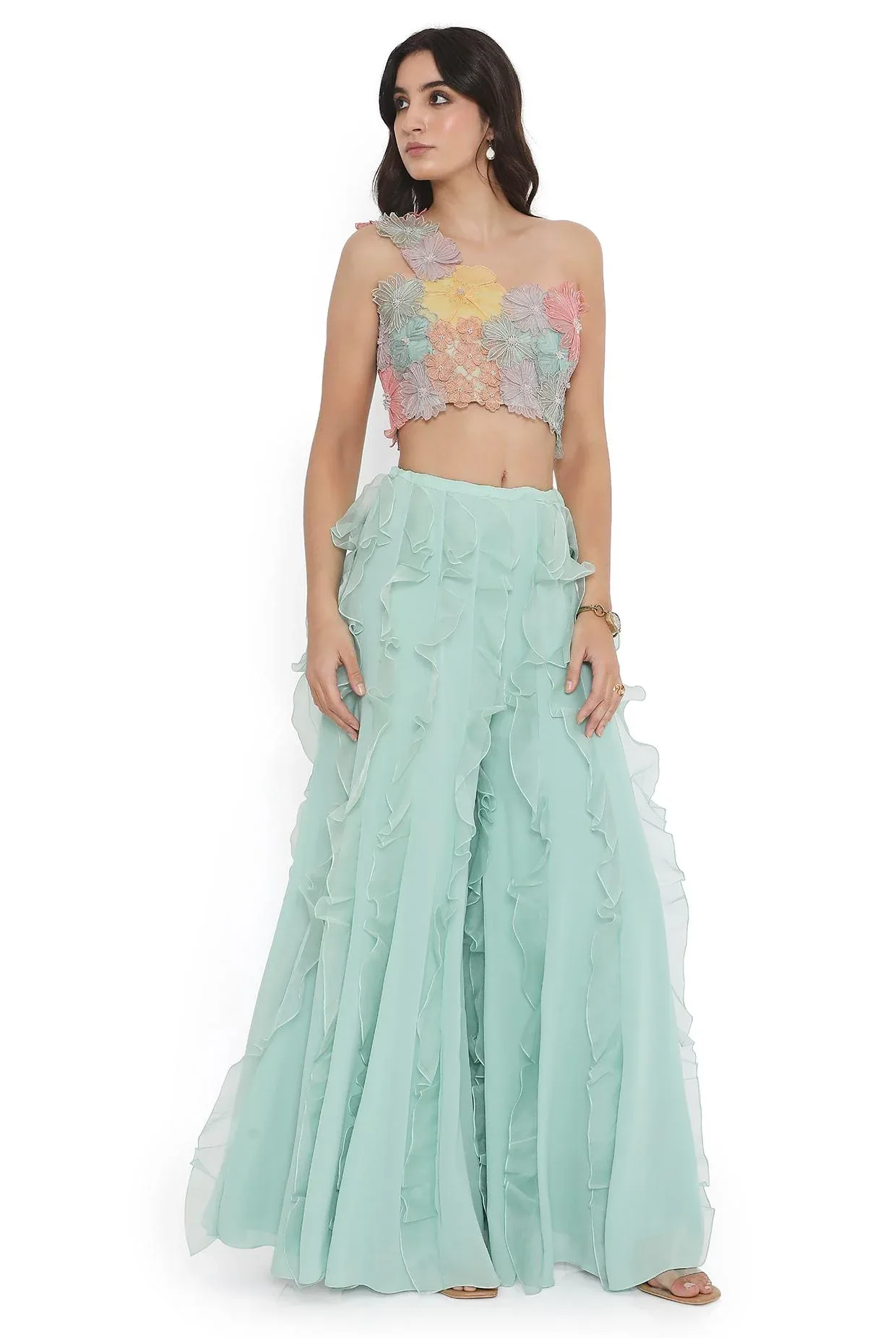 Aqua Embroidered One Shoulder Choli and Ruffled Sharara by Payal Singhal