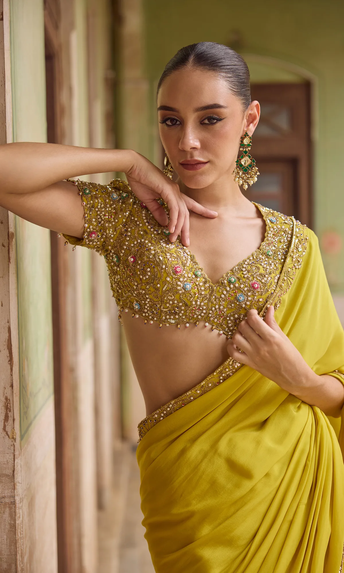 Yellow Crepe Saree Set by Tamanna Punjabi Kapoor, view 3