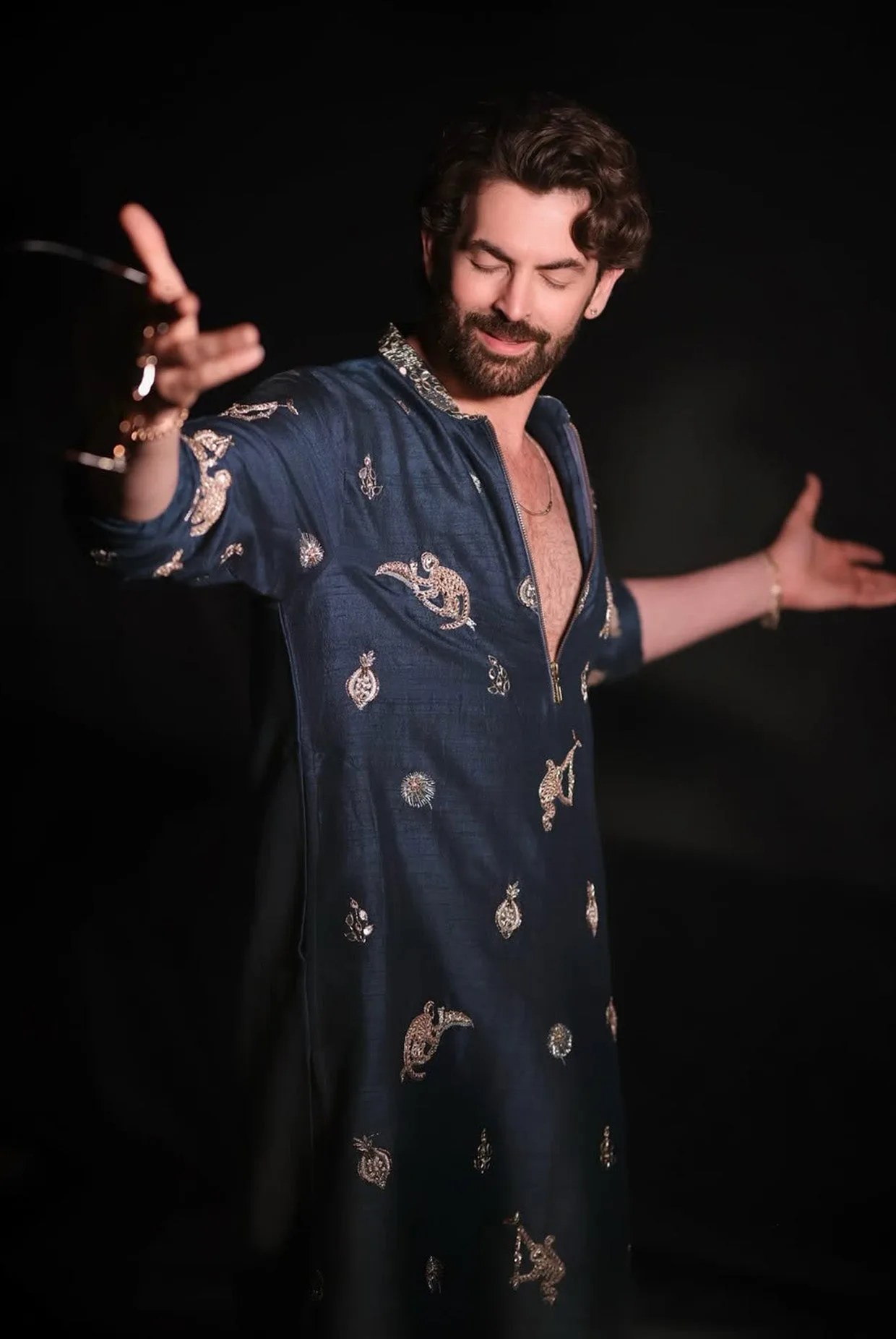 Teal Blue Embroidered Bomber Kurta With Off-White Pants by Payal Singhal, view 3