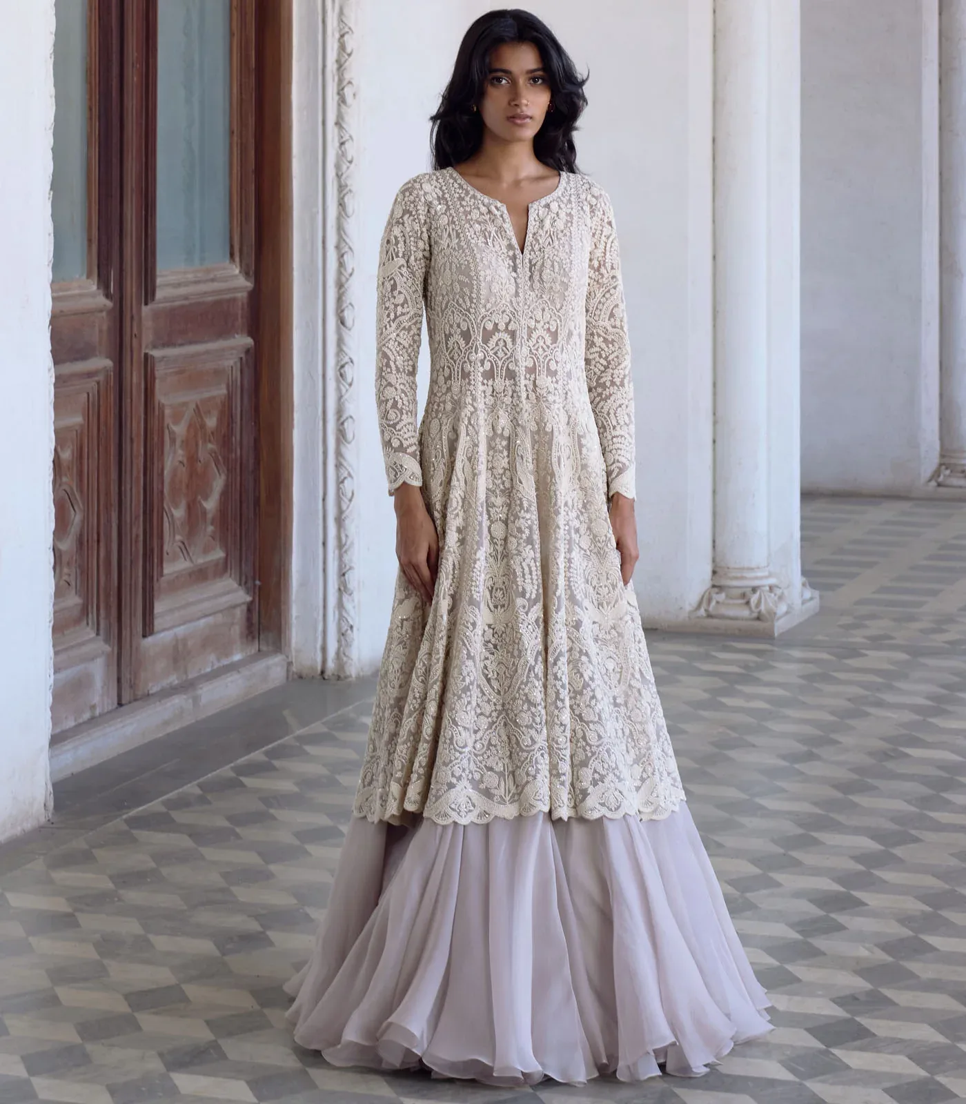 Ivory Carmine Jacket Skirt Set by Anushree Reddy