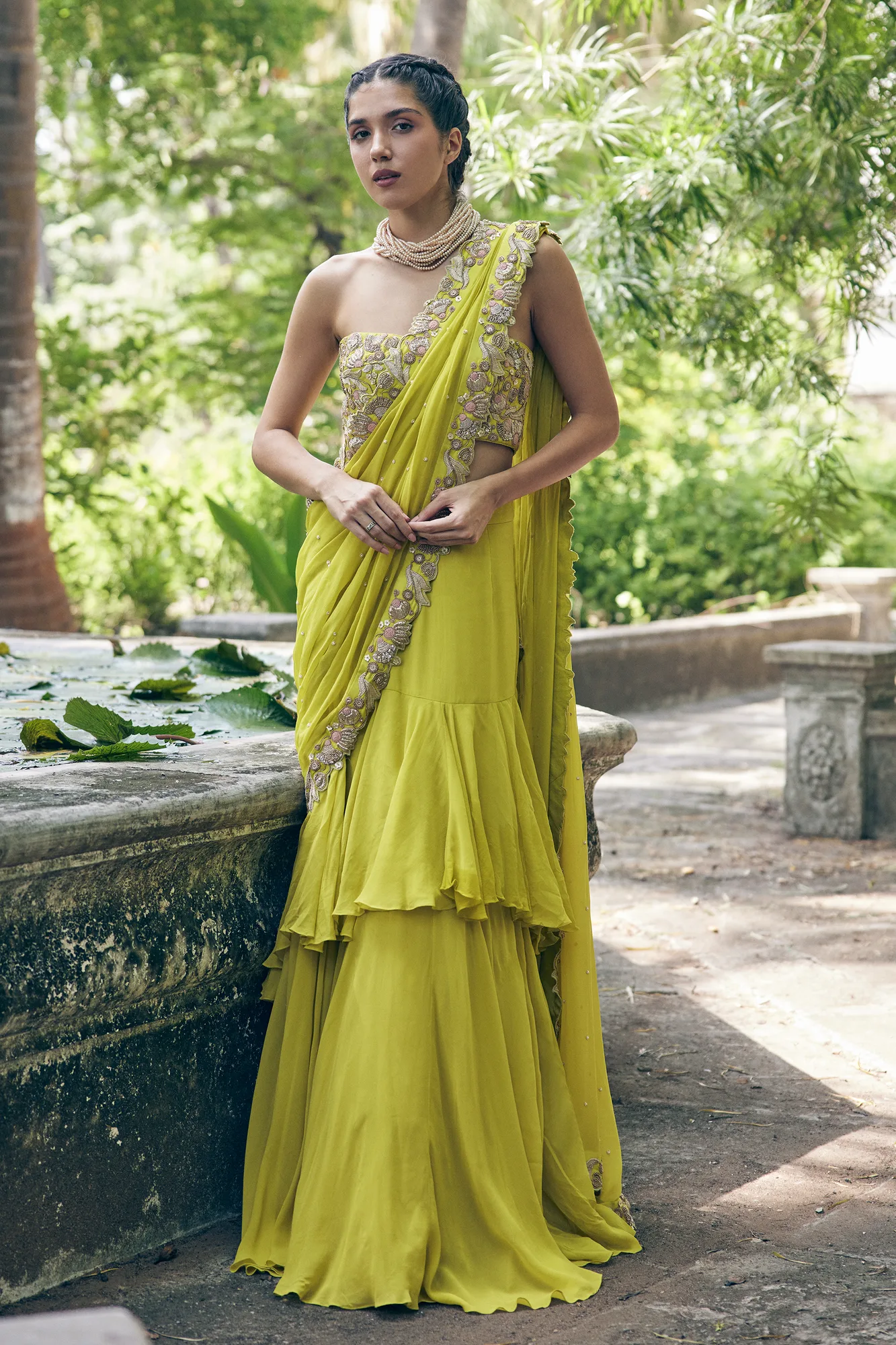 Clara Saree Set by Paulmi And Harsh in lime