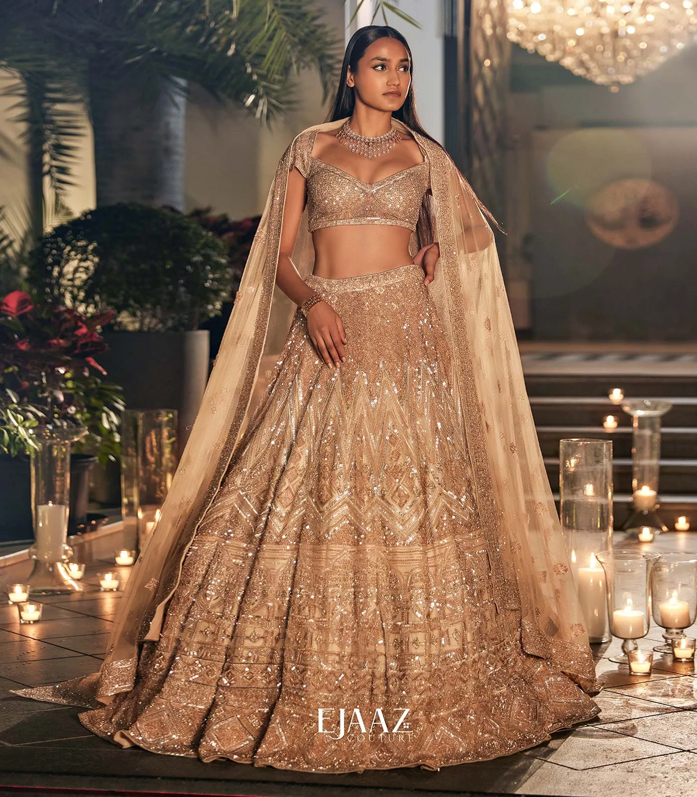 Ivory and Rose Gold Lehenga by Mukul Arora
