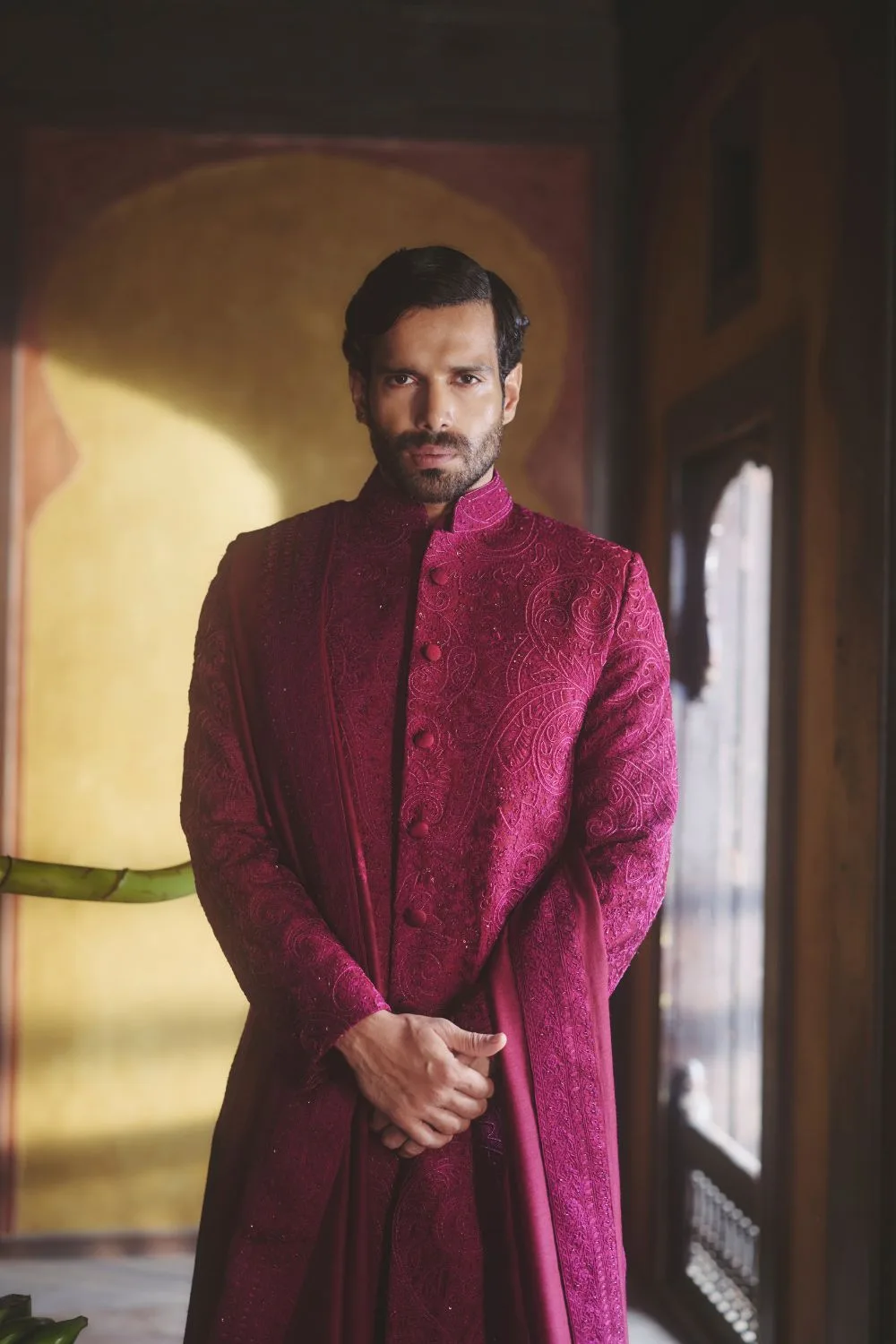 Archit Sherwani by Jigar Mali in wine, view 2