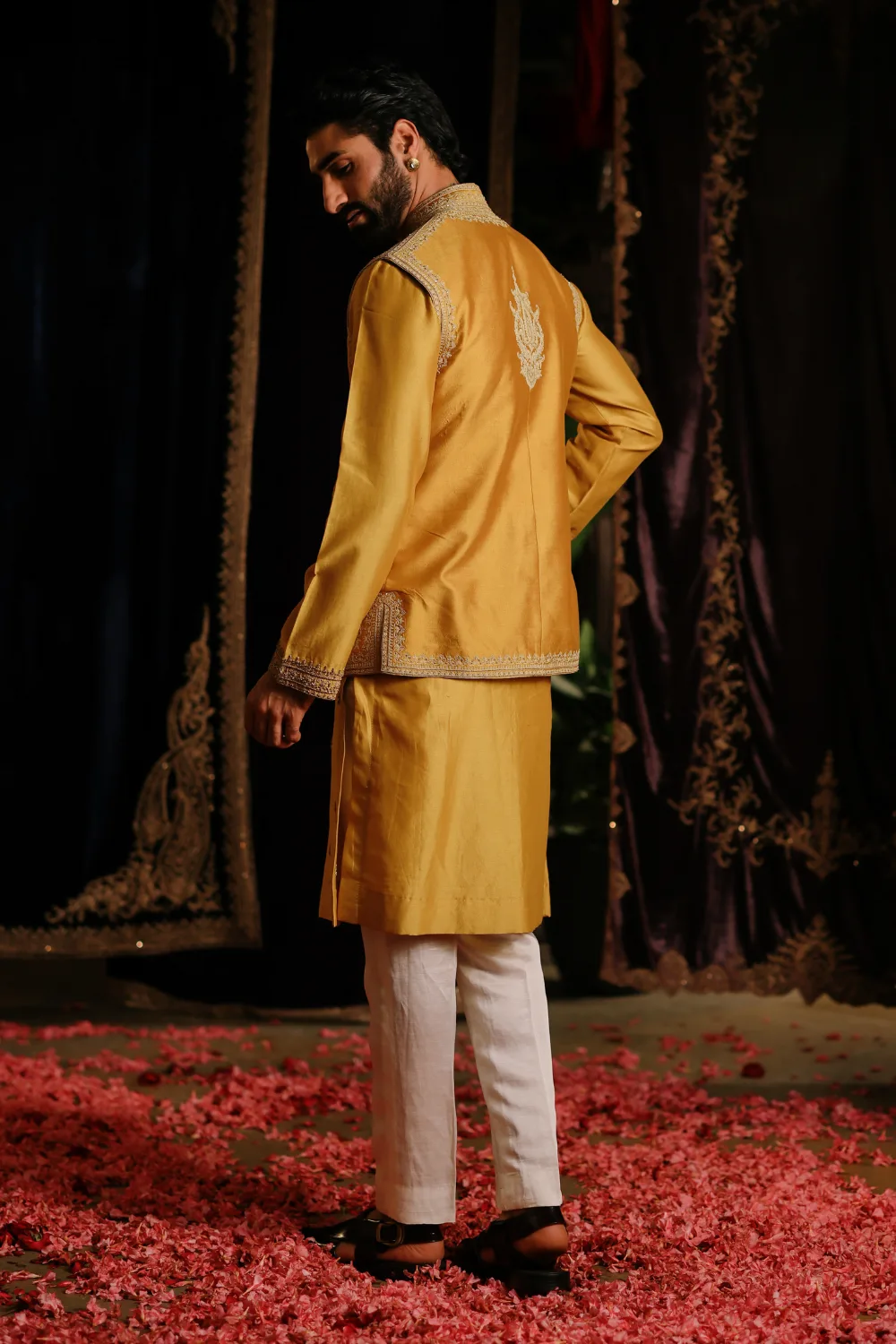 Maheer Jacket Set by Jigar Mali in mustard, view 2