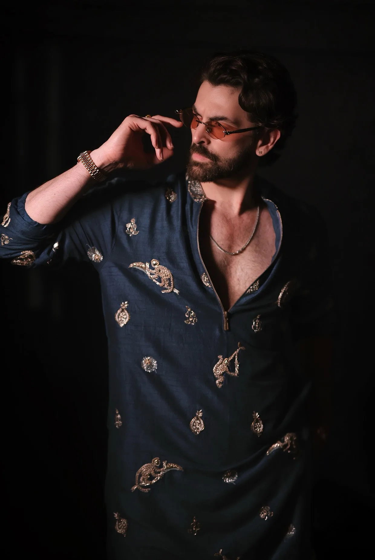 Teal Blue Embroidered Bomber Kurta With Off-White Pants by Payal Singhal