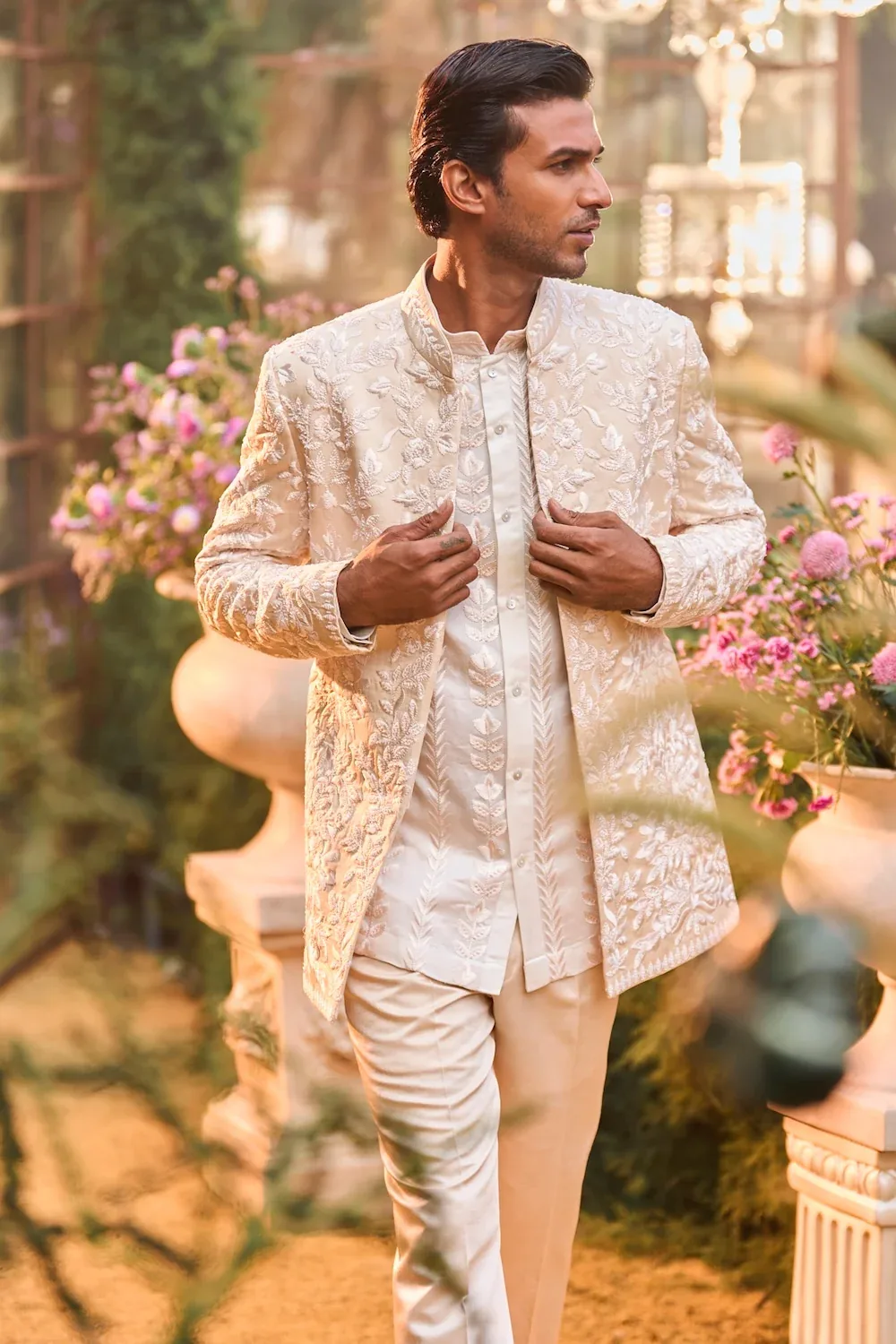 Powder Nude Bandhgala Set by Seema Gujral