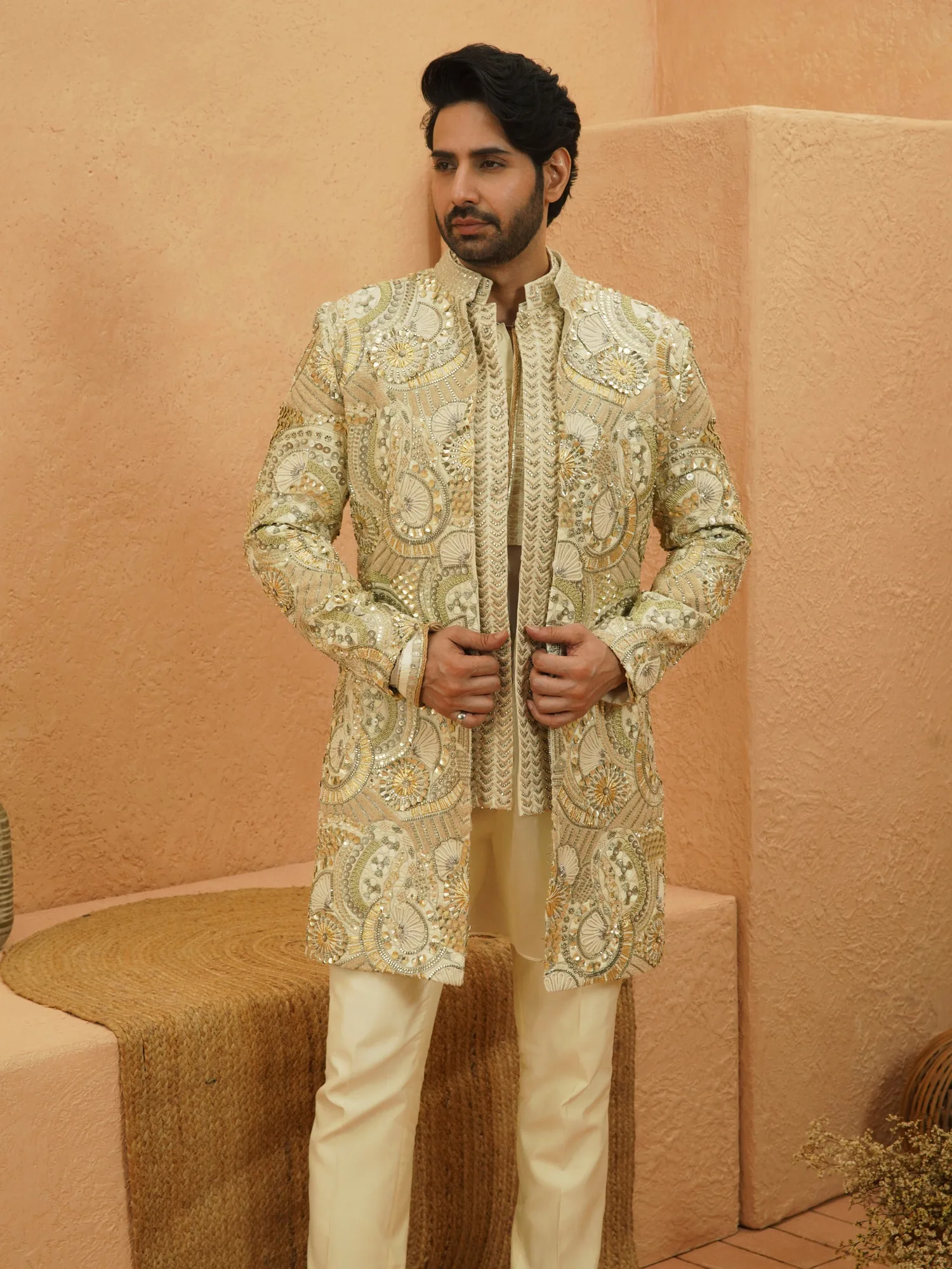 Yasir Heavily Embellished Sherwani With Pants by SVA in ivory