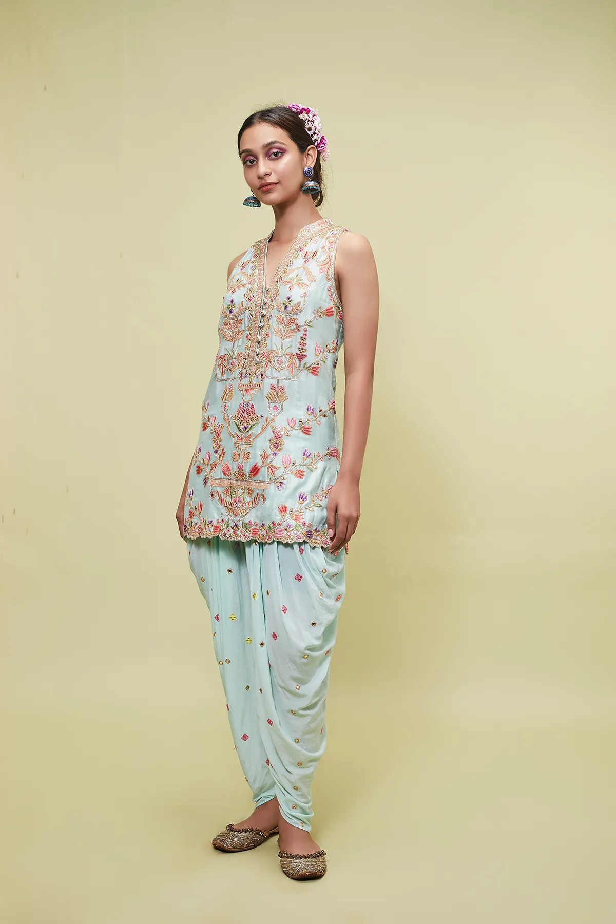 Sleeveless Kurta Paired With Cowl Pants by Tamanna Punjabi Kapoor