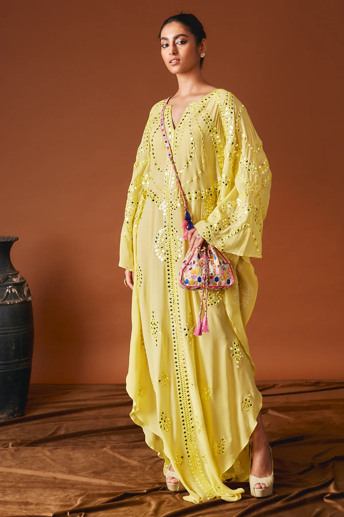 Yellow Foil And Resham Kaftan With A Belt by Tamanna Punjabi Kapoor