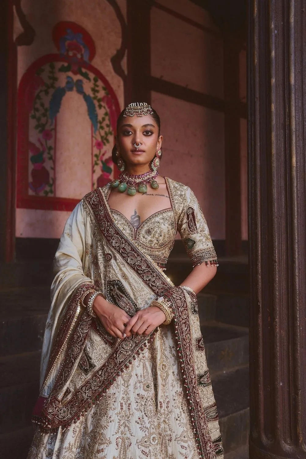 Vandana Lehenga Set by Jigar Mali in beige, view 3
