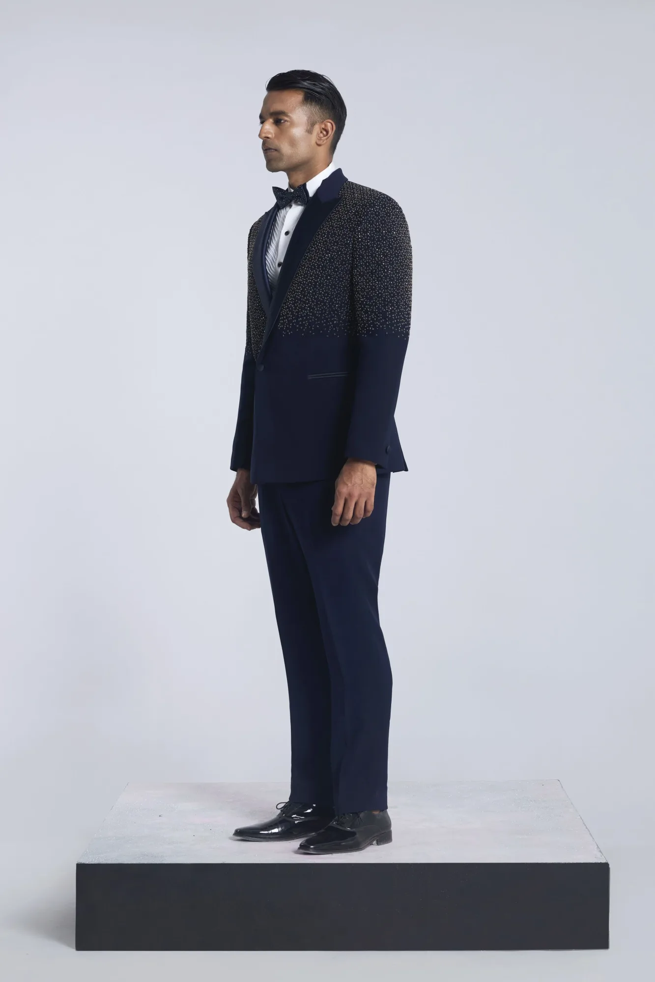 Navy blue half embroidery tuxedo by Sarab Khanijou