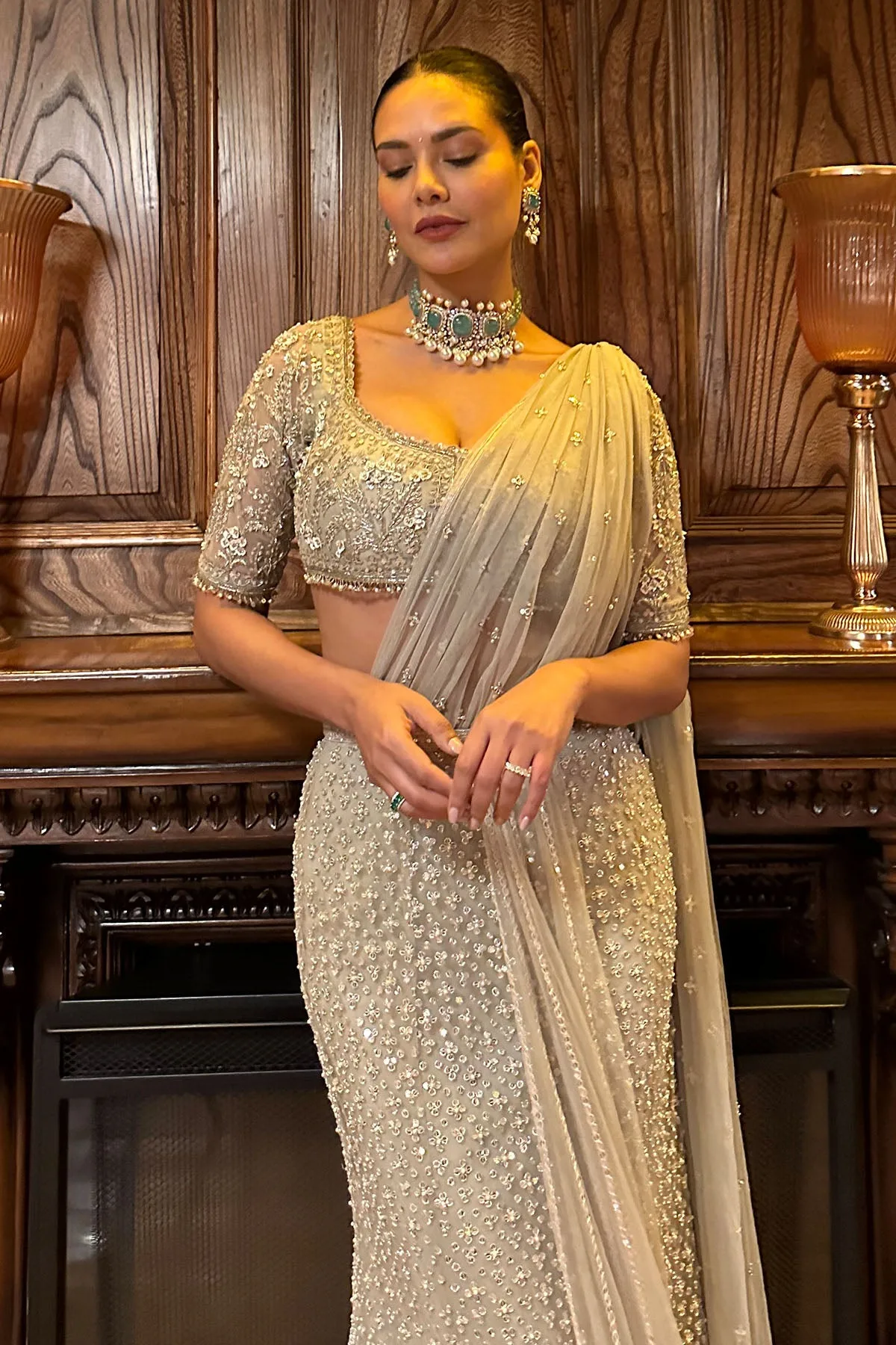 Esha Gupta In Sitara Saree Set by Ridhi Mehra in ivory