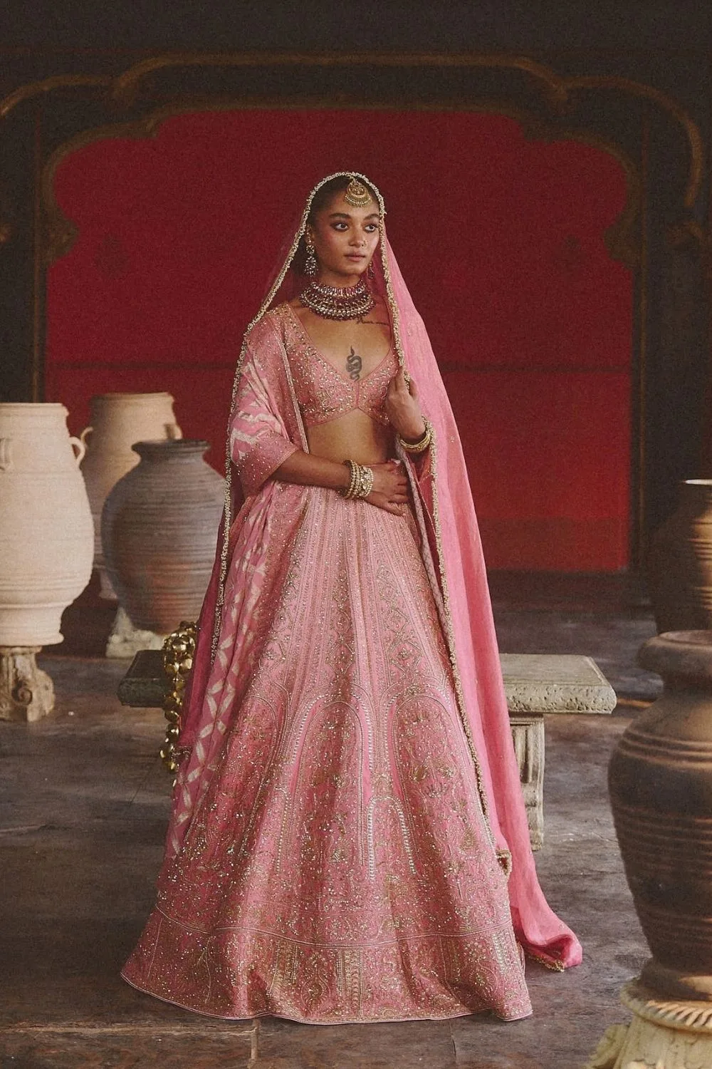 Aaghaz Lehenga Set by Jigar Mali in baby pink