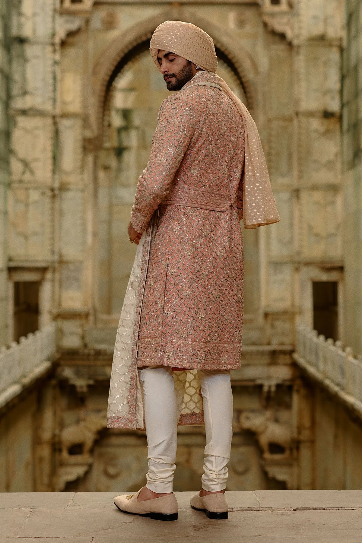 Pink Matka Silk Sherwani Set by Nitika Gujral, view 3