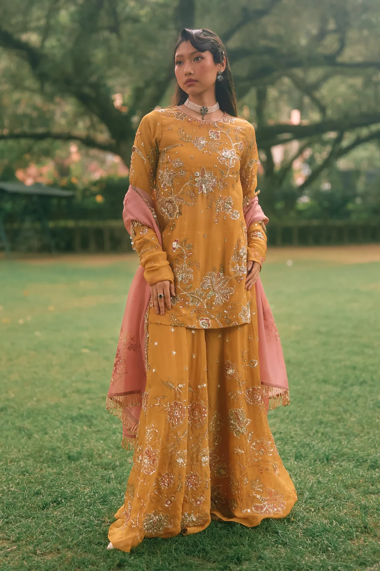 Leonara Kurta Set by Paulmi And Harsh in mustard