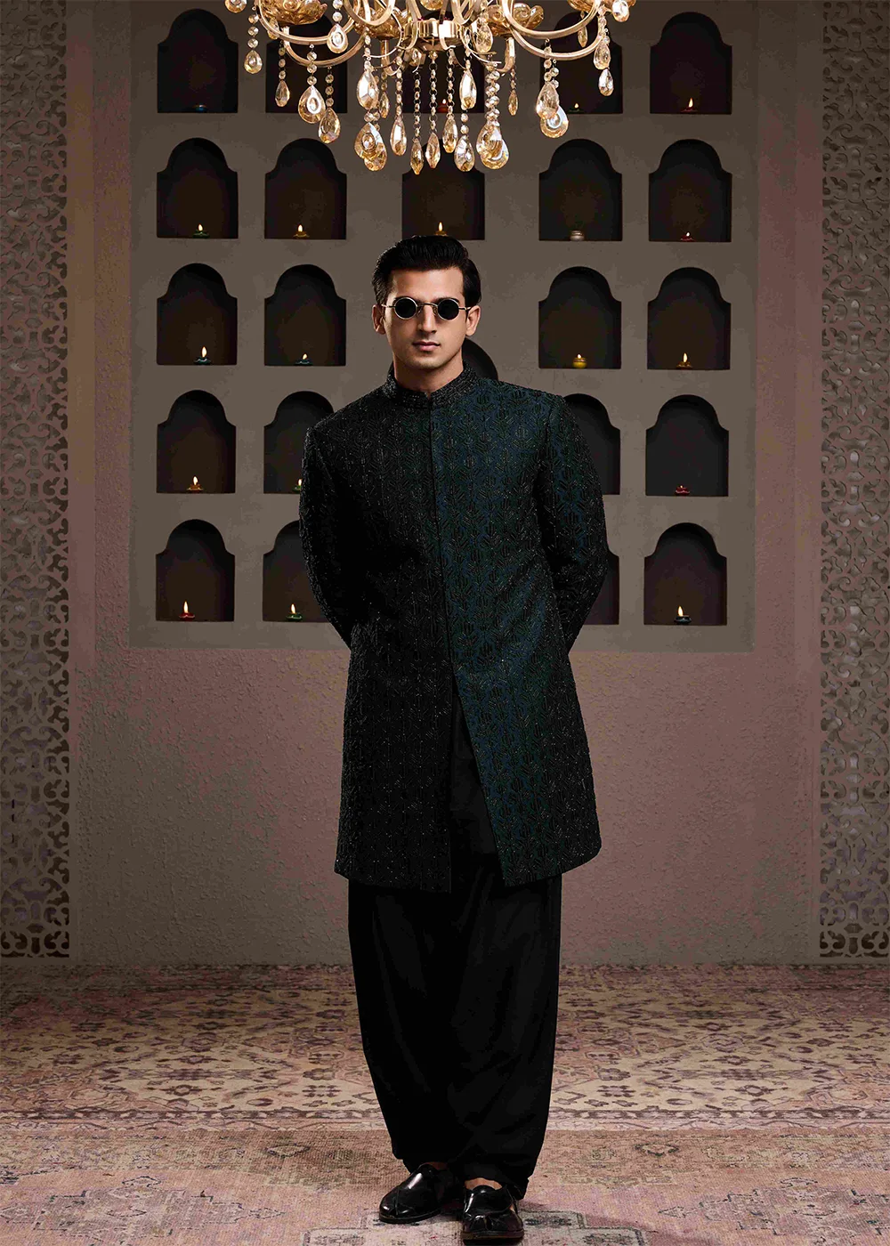 Green Achkan Black Emb Kurta Patiyala Salwar by Nitika Gujral, green sherwani